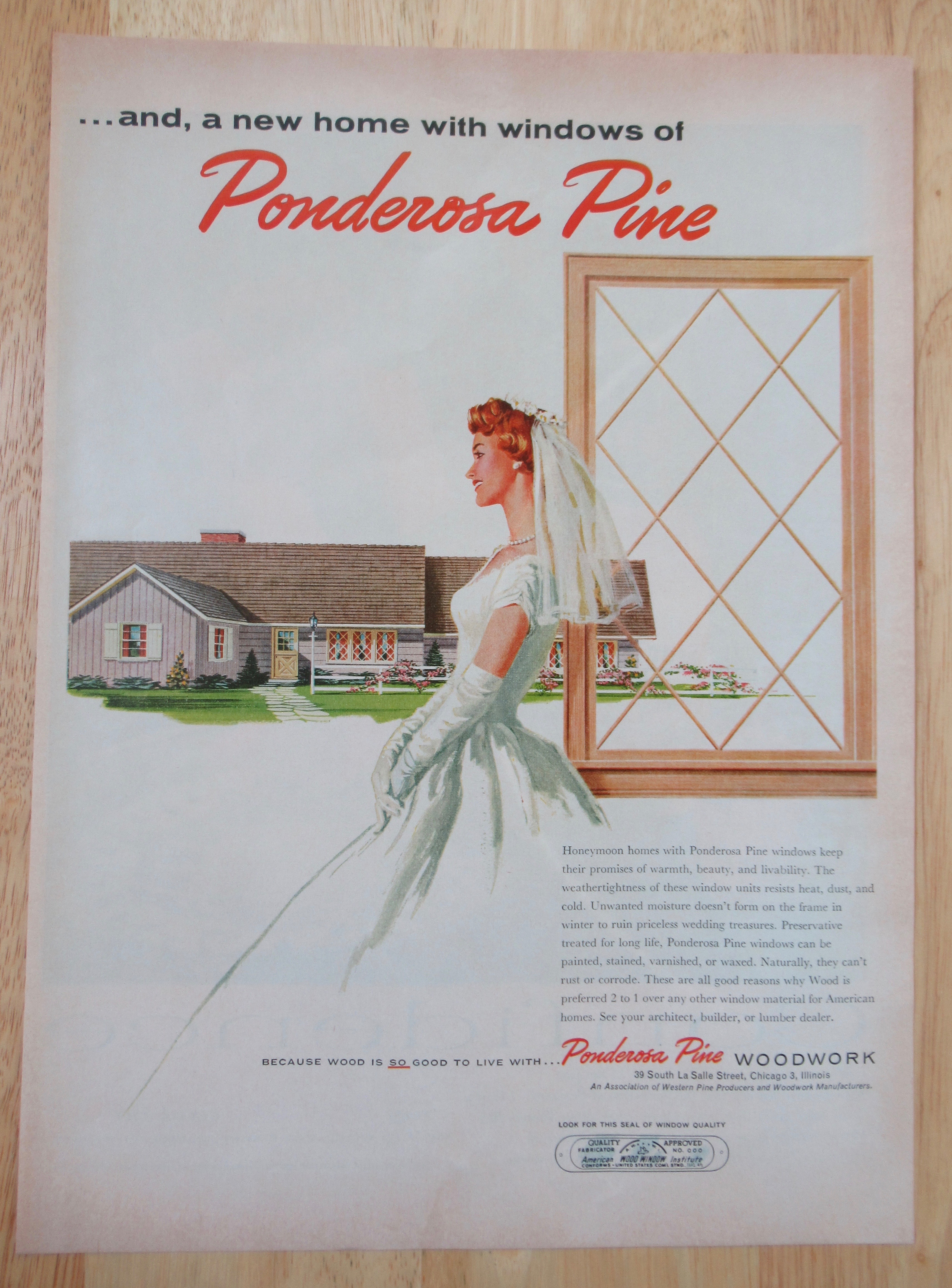 1958 Ponderosa Pine Woodwork w/ Bride Looking at House