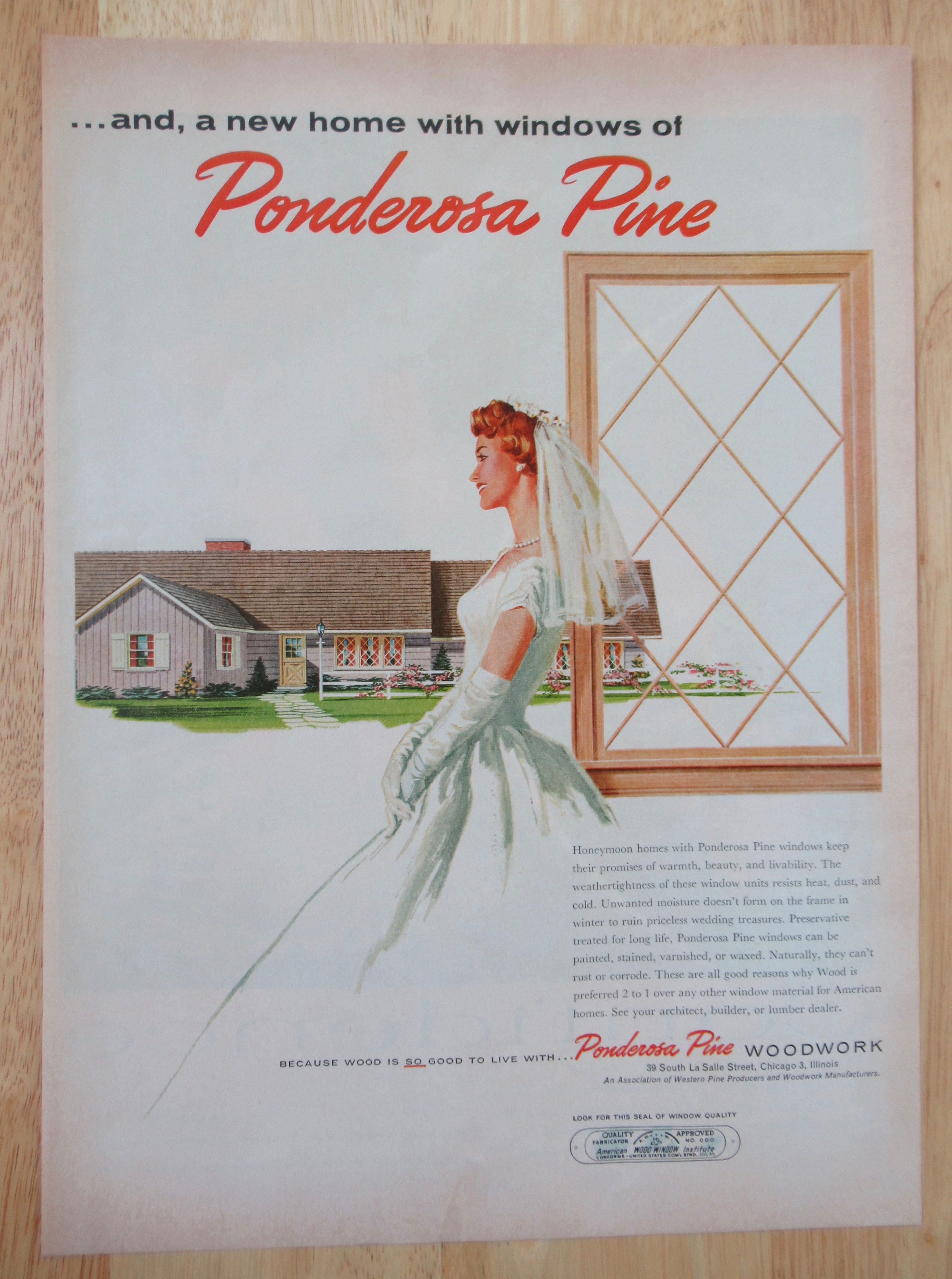 1958 Ponderosa Pine Woodwork w/ Bride Looking at House