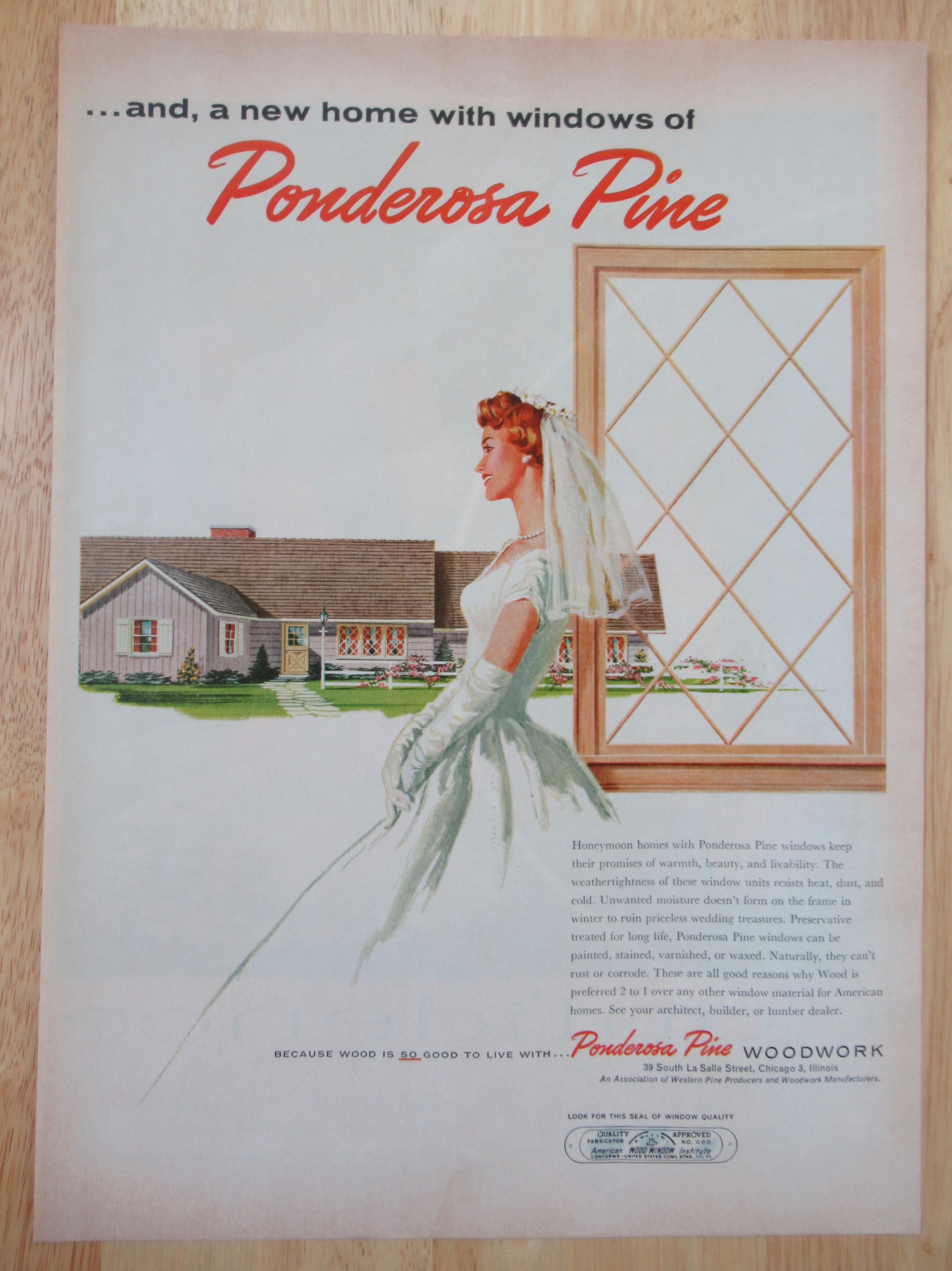1958 Ponderosa Pine Woodwork w/ Bride Looking at House