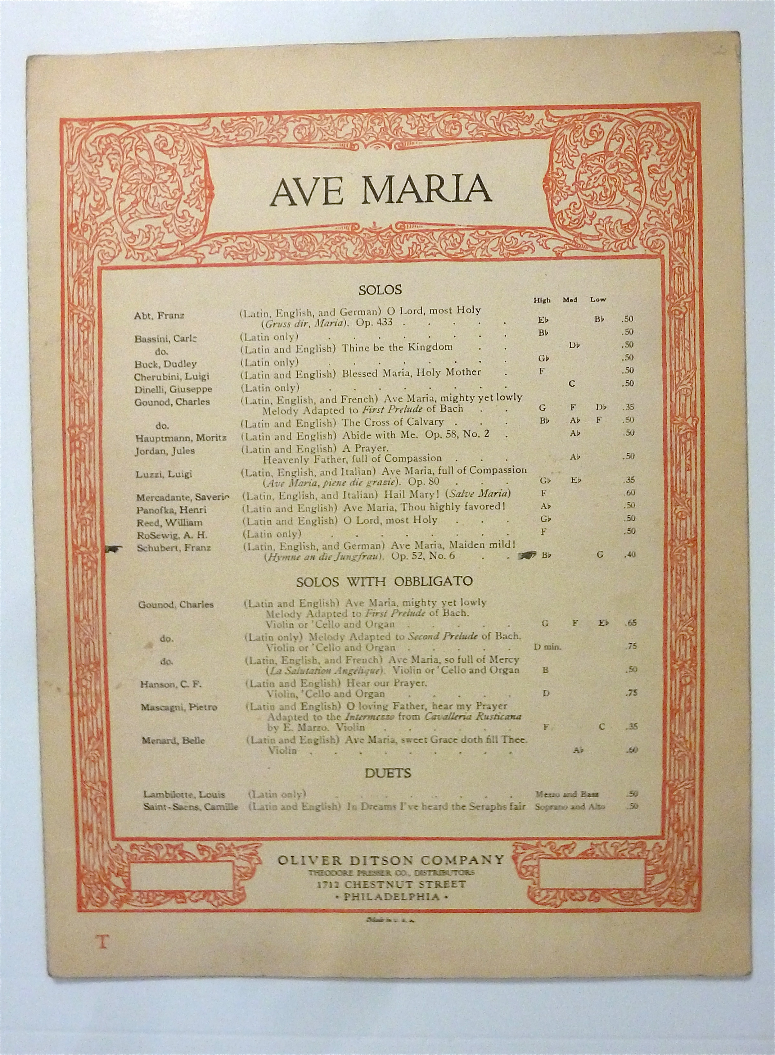 Sheet Music For Undated Ave Maria