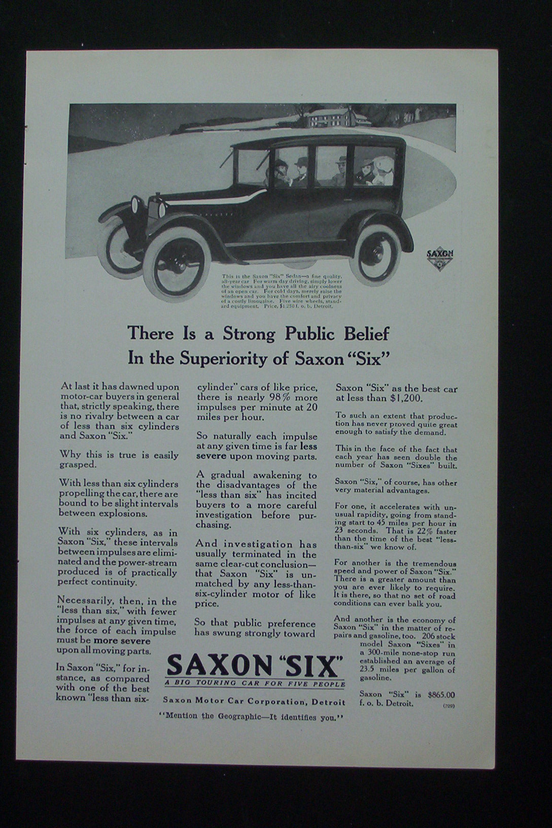 1917 Saxon Six with Picture of Old Fashioned Car