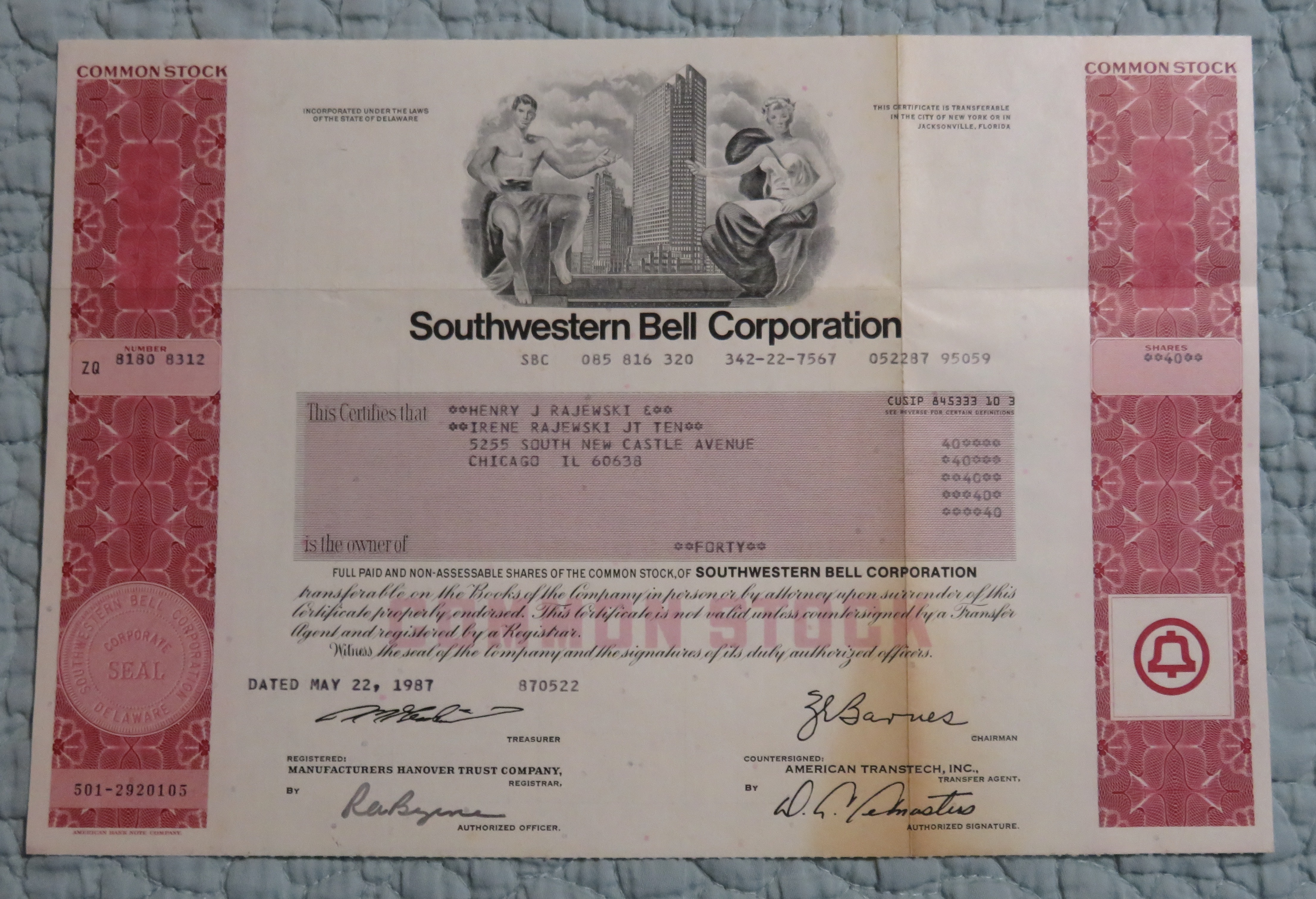 1987 Southwestern Bell Corp. Stock Certificate