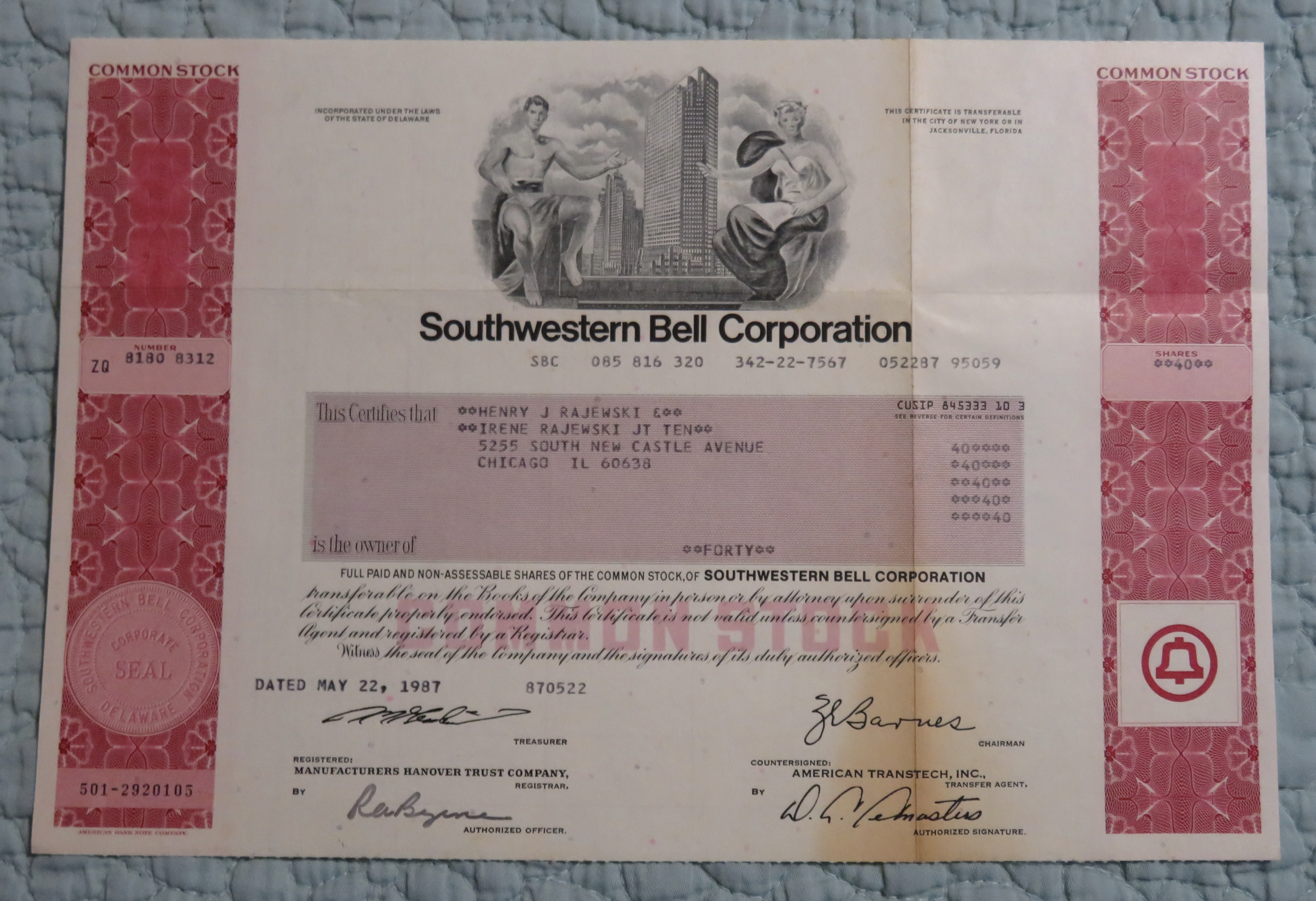 1987 Southwestern Bell Corp. Stock Certificate