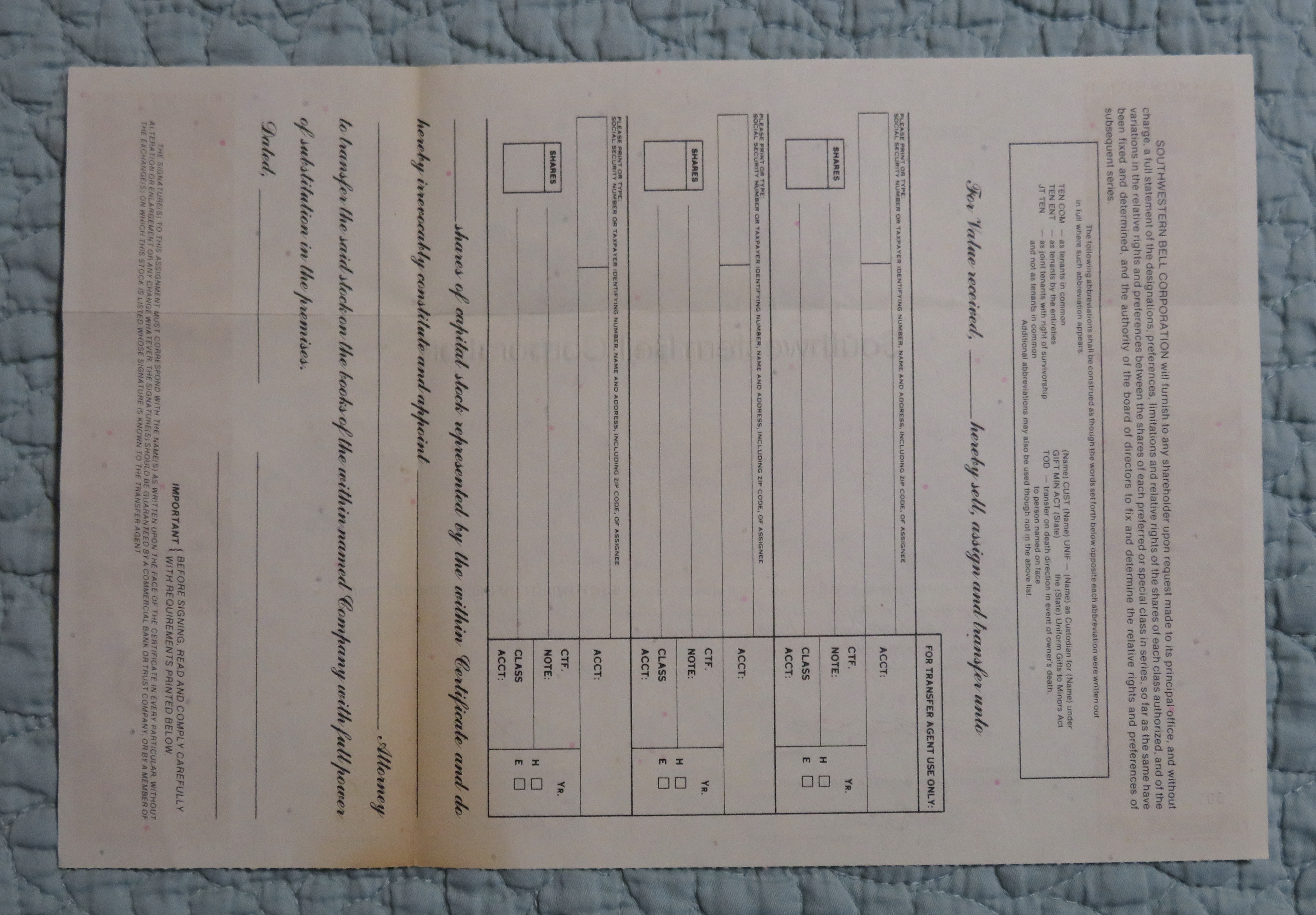 1987 Southwestern Bell Corp. Stock Certificate