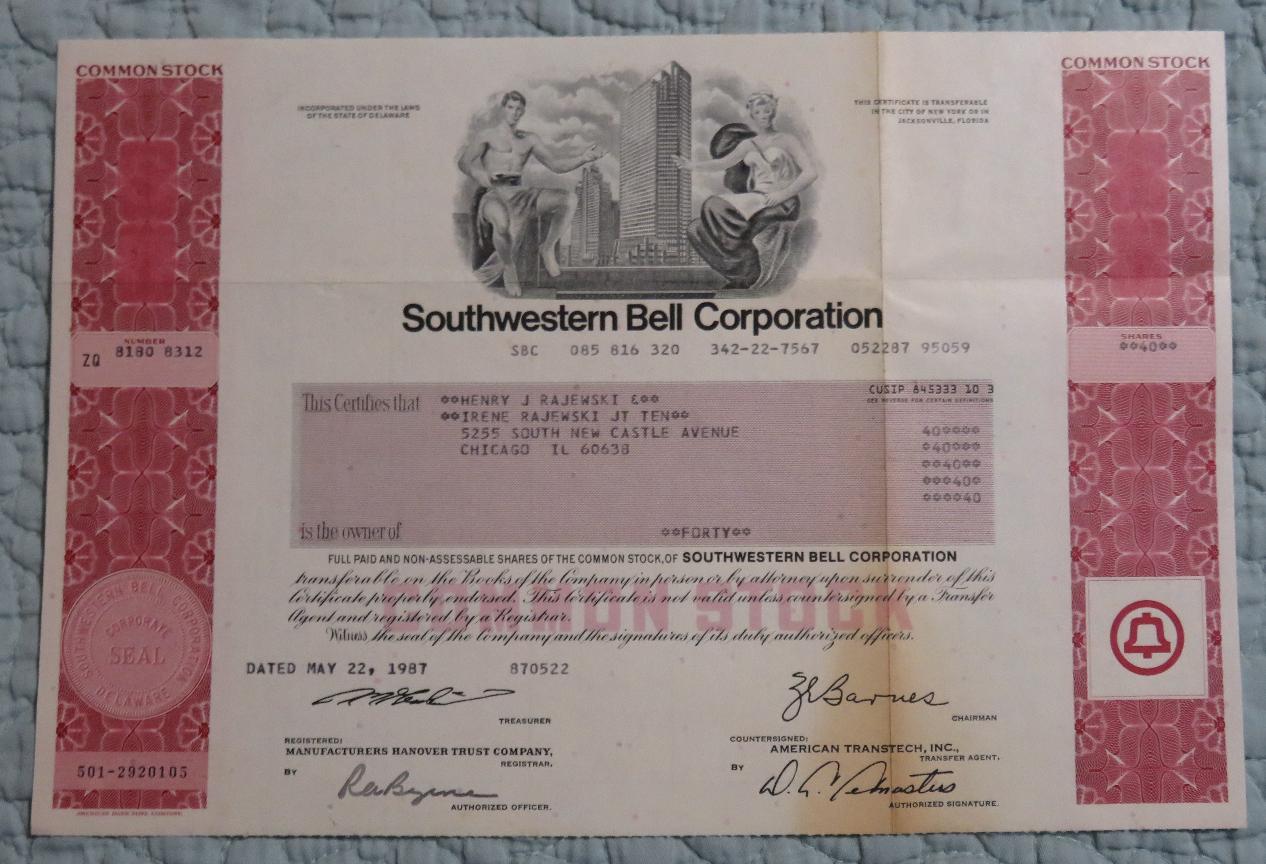 1987 Southwestern Bell Corp. Stock Certificate