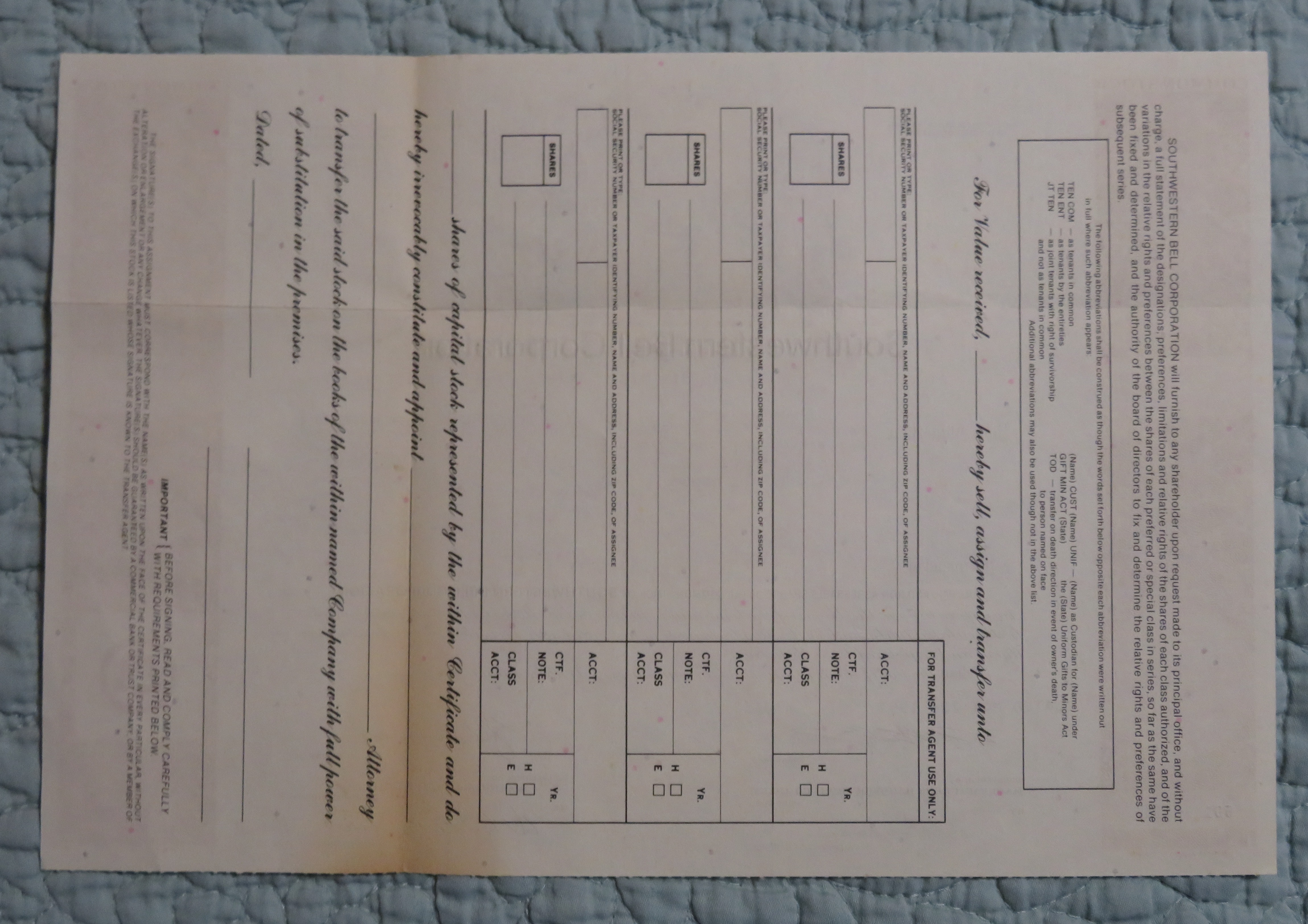 1987 Southwestern Bell Corp. Stock Certificate