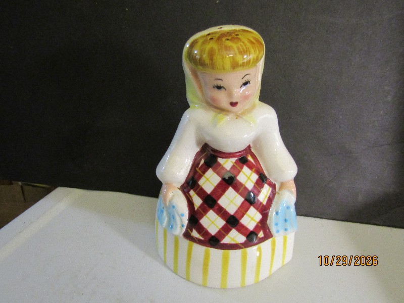 Vintage Mid-Century Ceramic Kleanser Kate in Plaid Apron & Striped Skirt