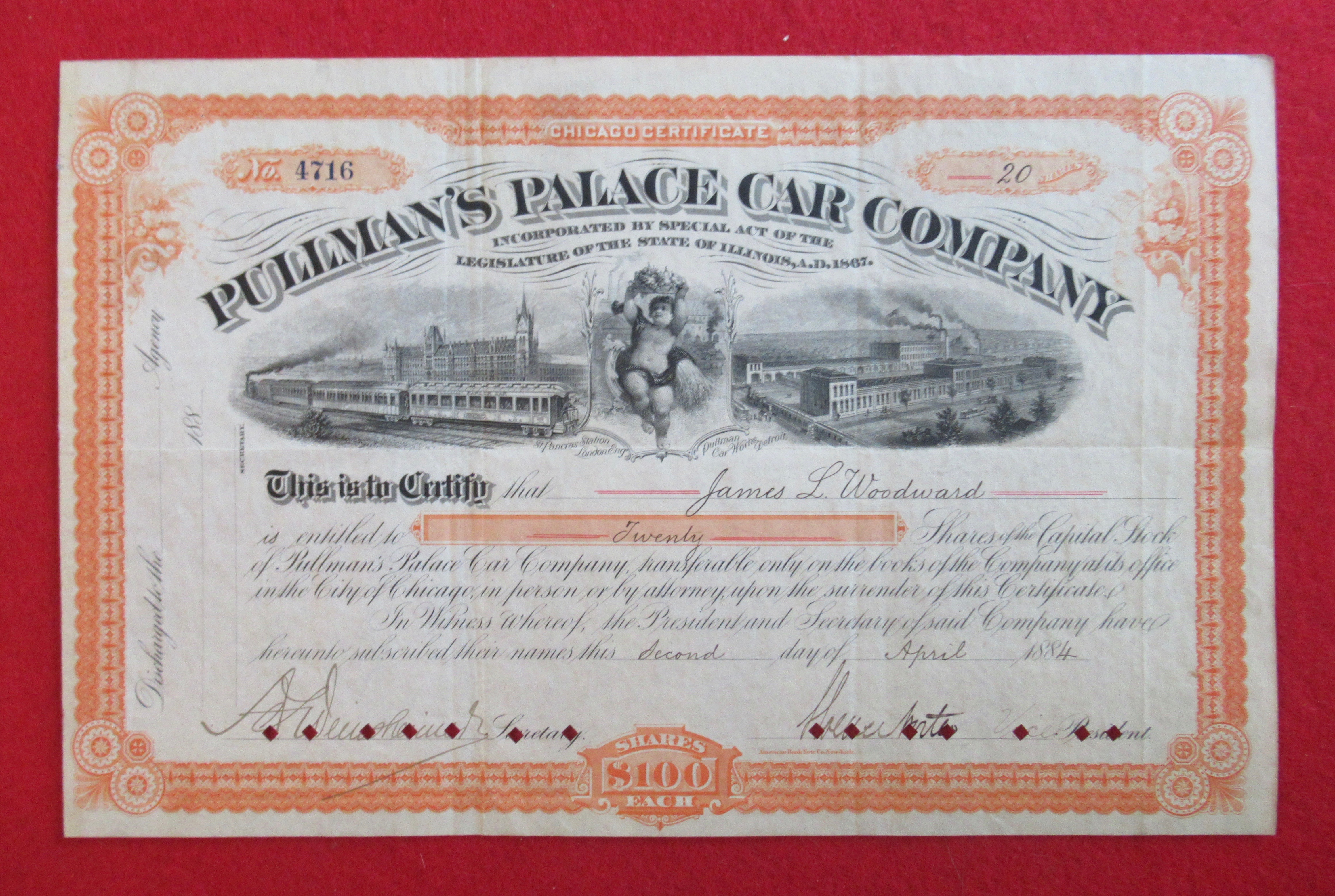 Pullman Palace Car Co RR Chicago Stock Certificate 1884