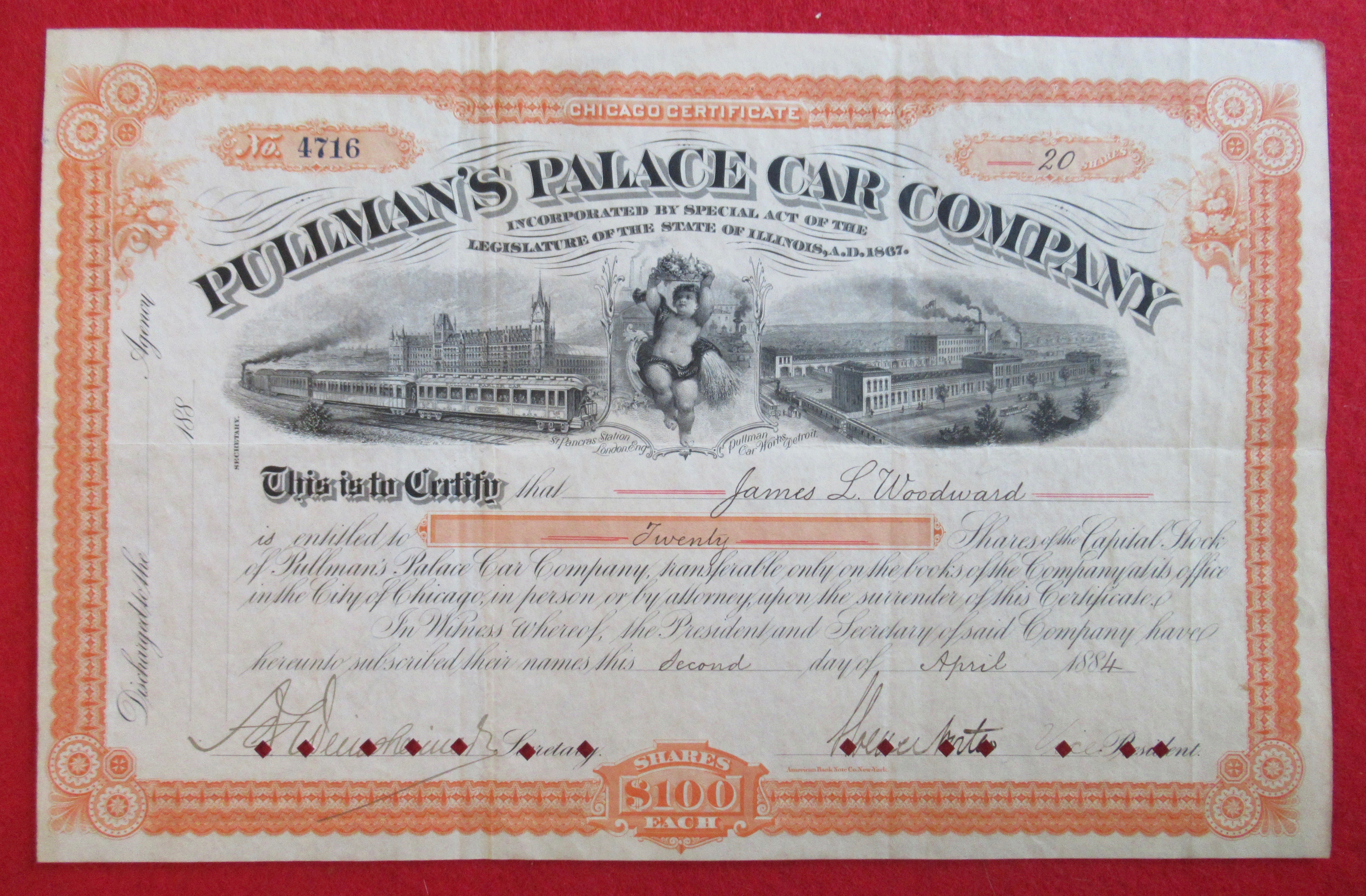 Pullman Palace Car Co RR Chicago Stock Certificate 1884