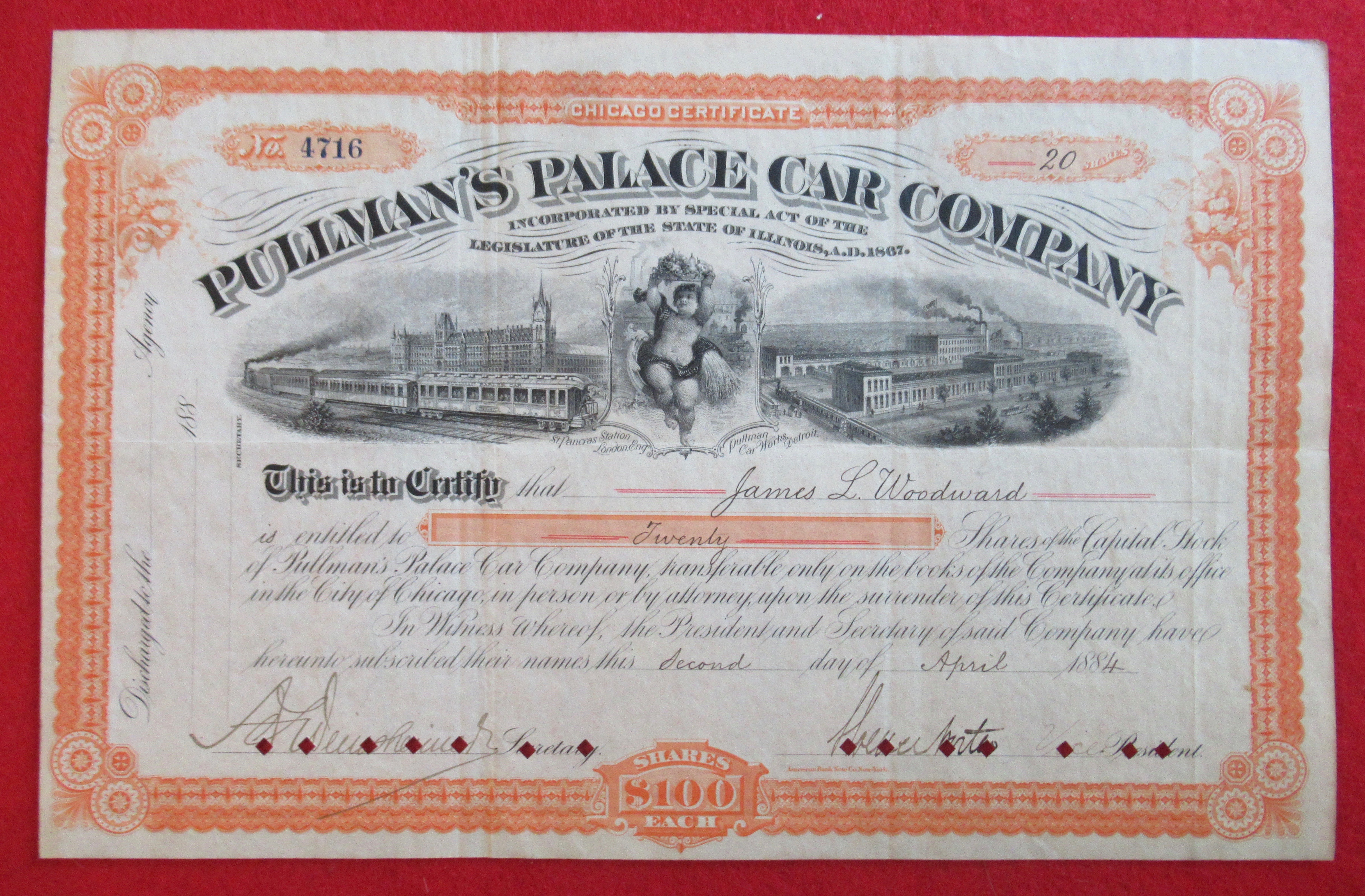 Pullman Palace Car Co RR Chicago Stock Certificate 1884