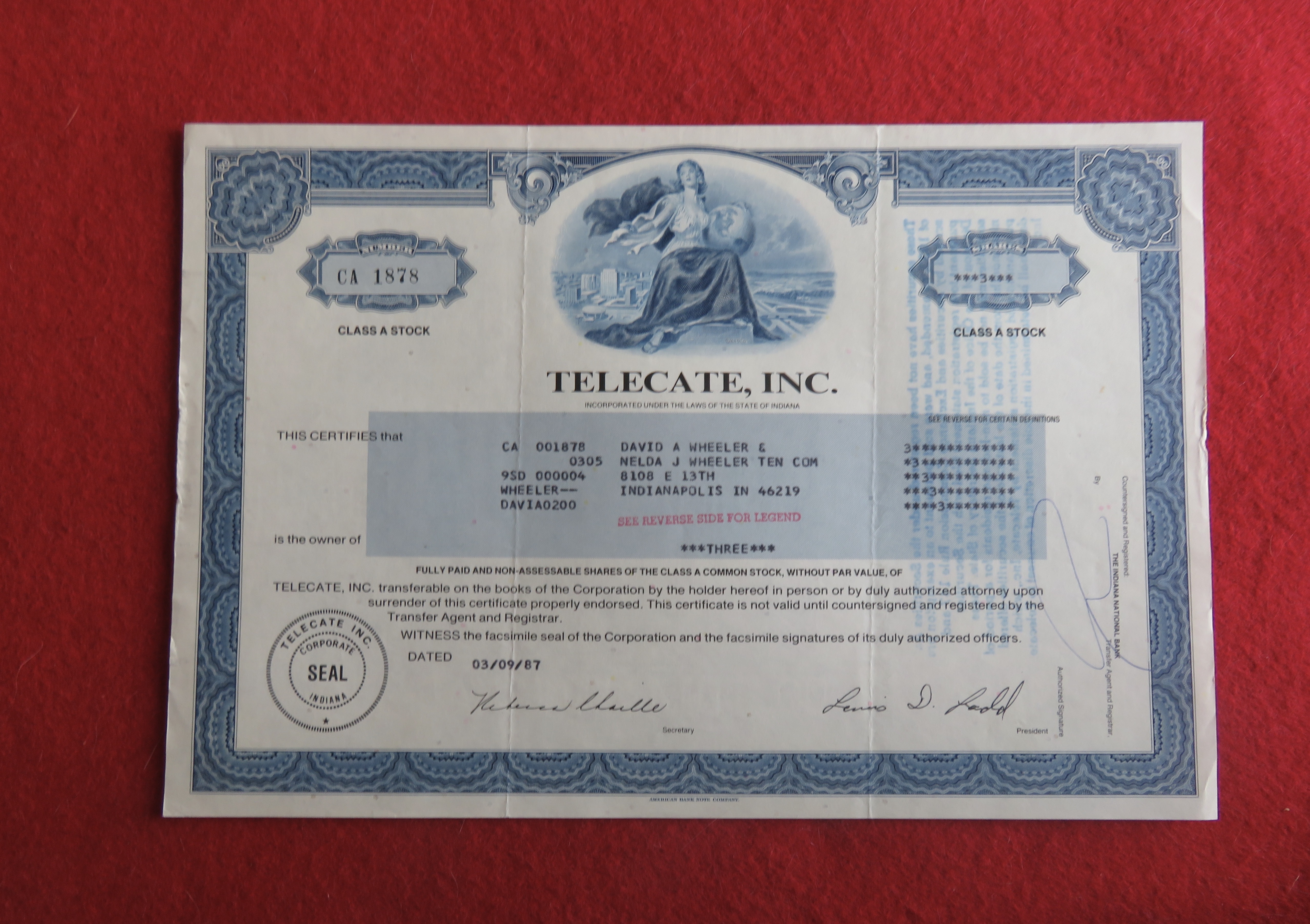 1987 Telecate Incorporated Stock Certificate