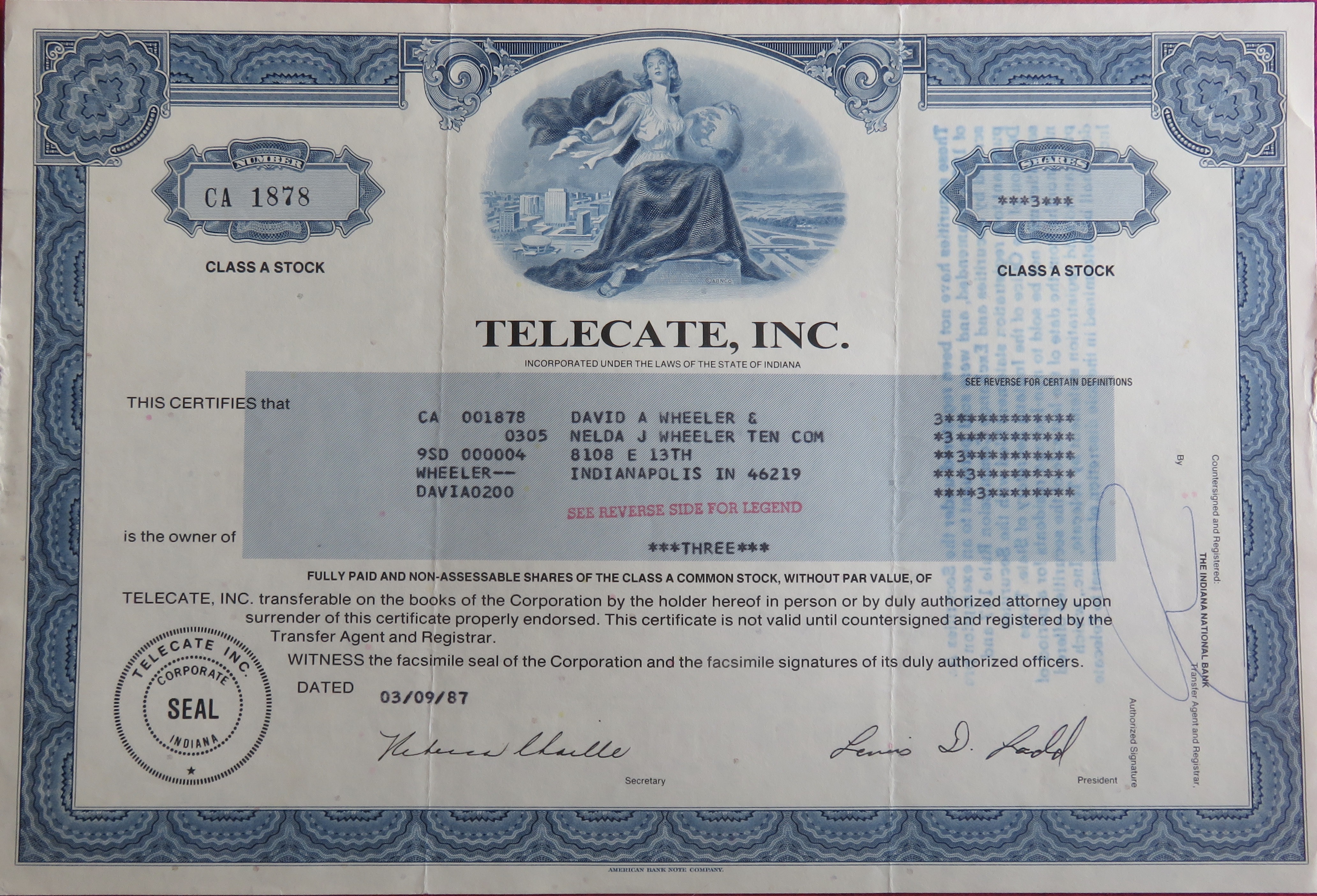 1987 Telecate Incorporated Stock Certificate