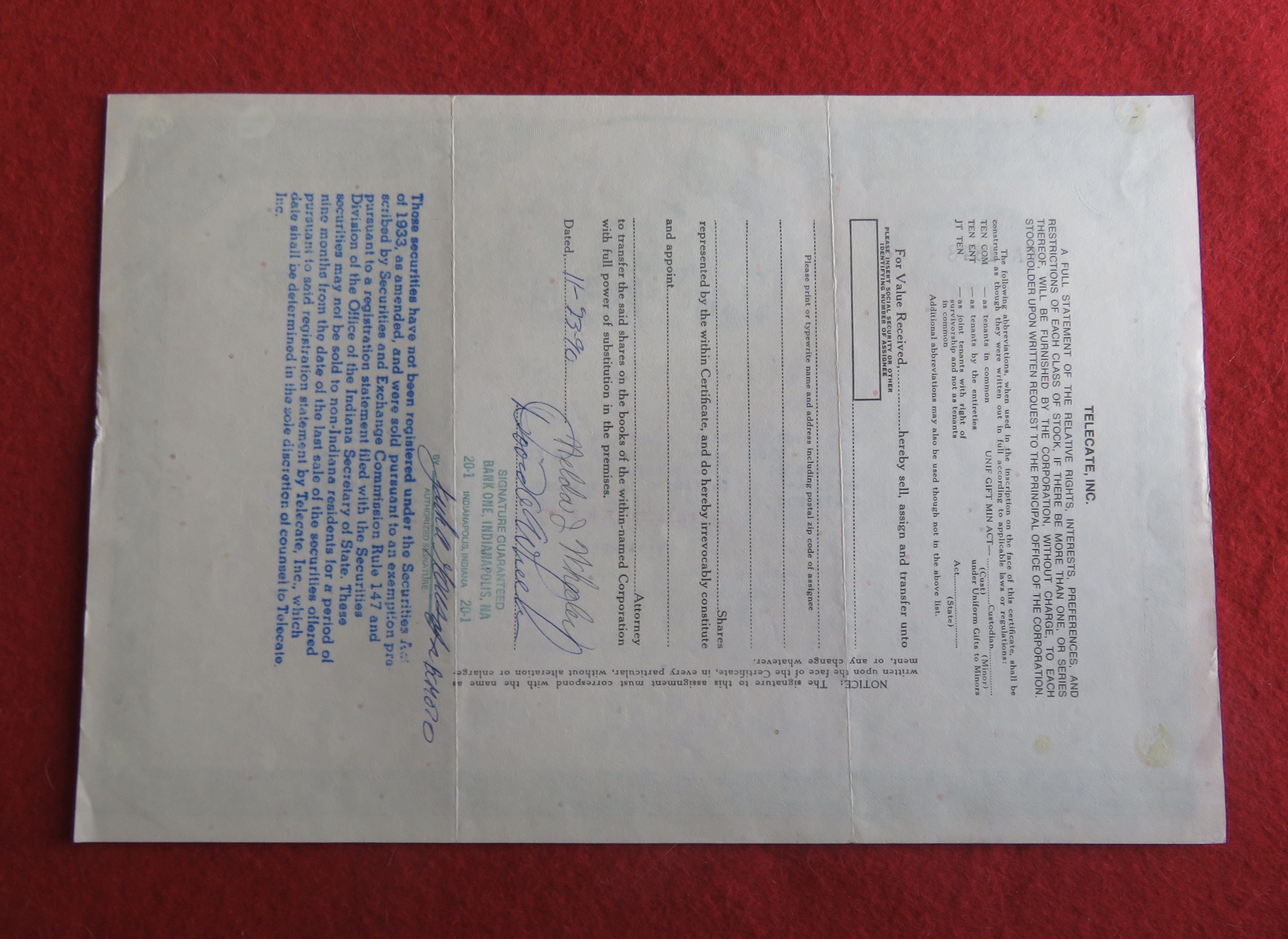 1987 Telecate Incorporated Stock Certificate