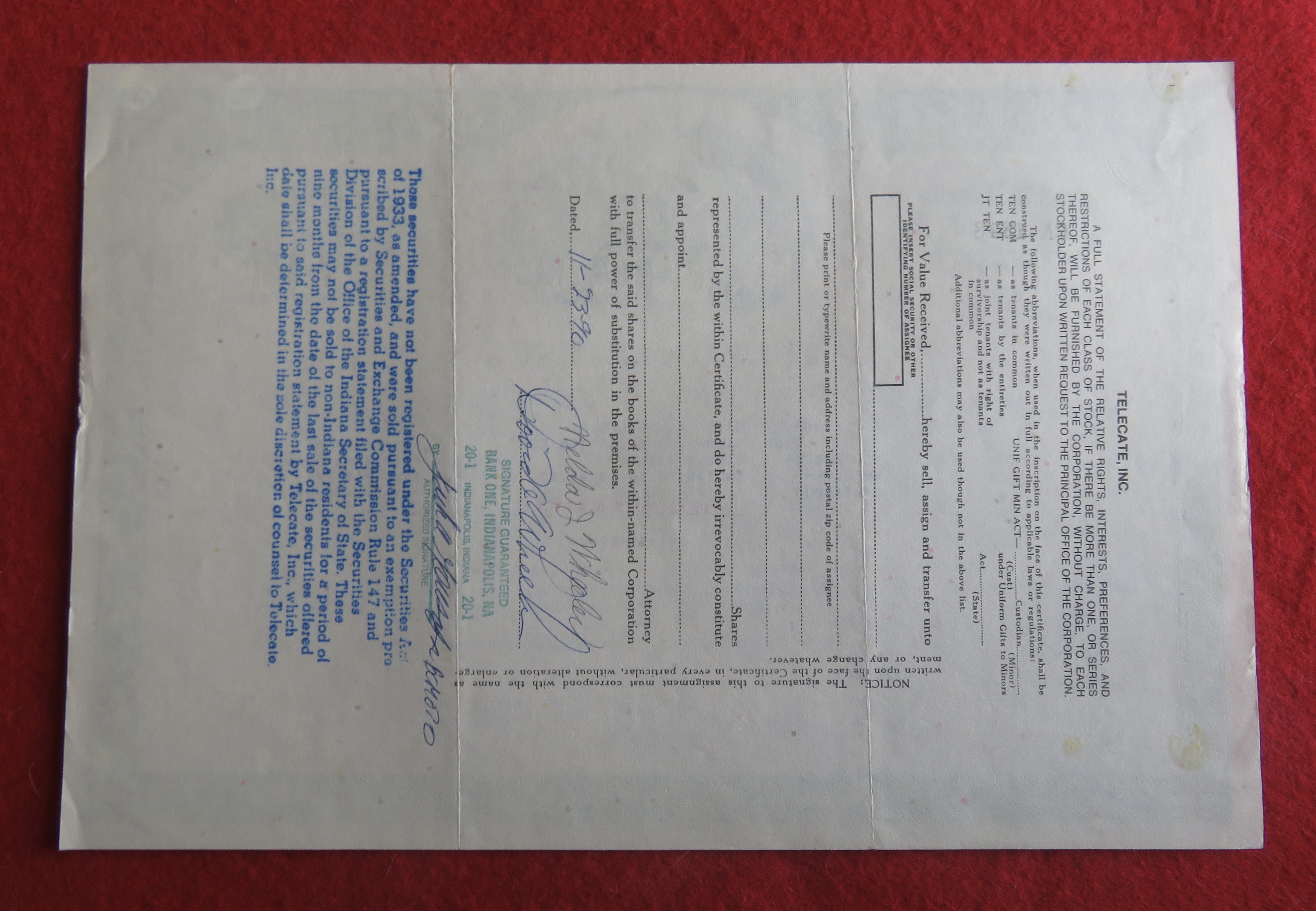 1987 Telecate Incorporated Stock Certificate
