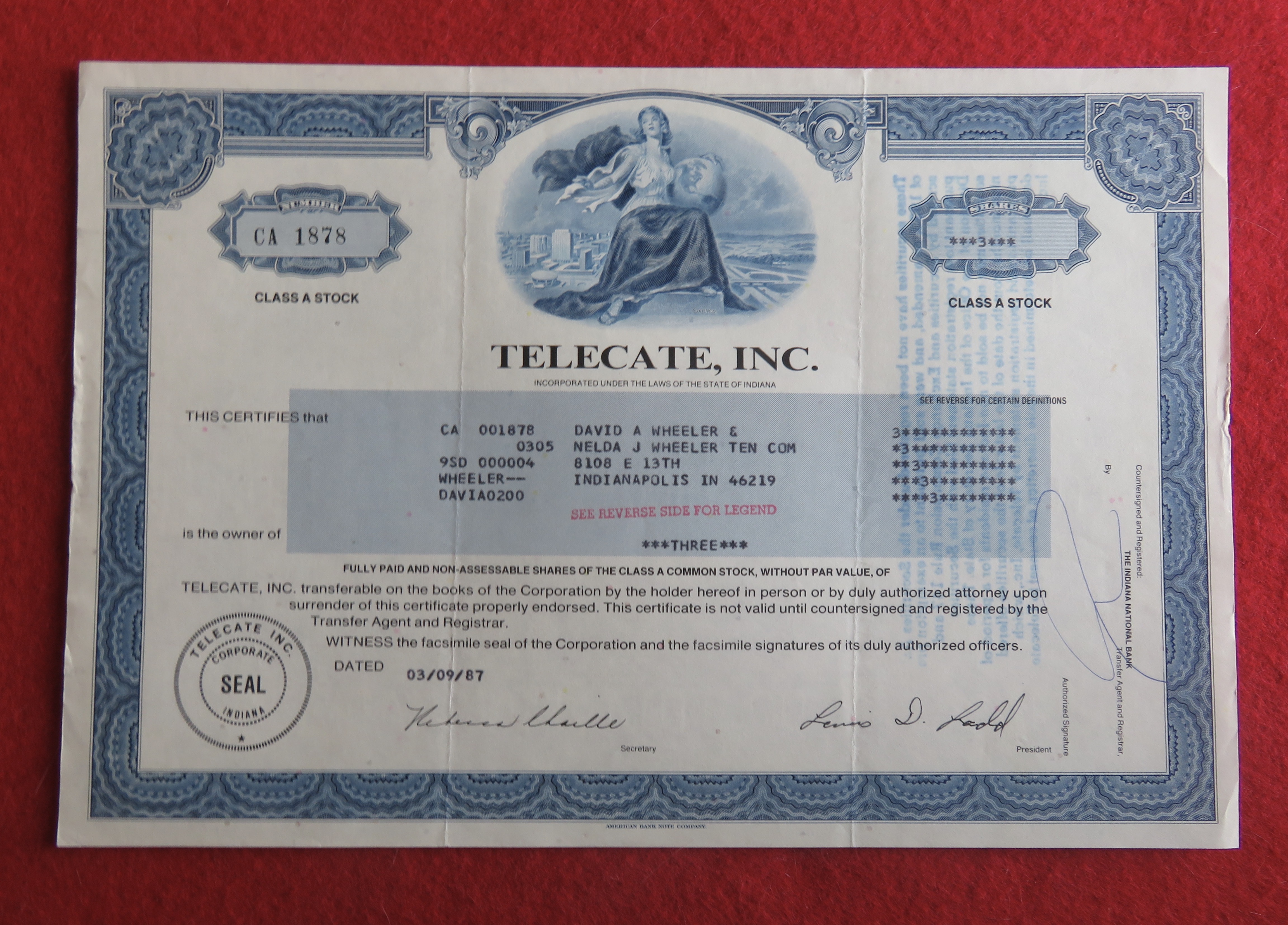 1987 Telecate Incorporated Stock Certificate