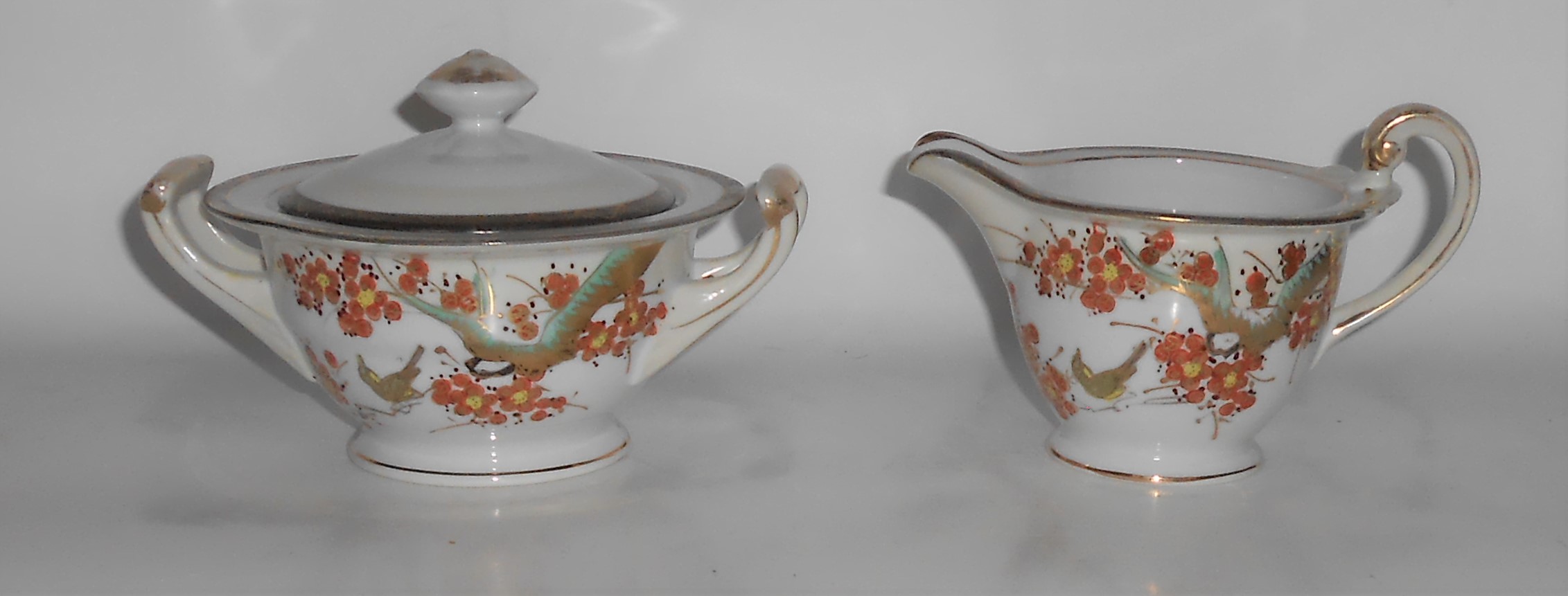 Kutani China Porcelain Gold Floral W/Bird Creamer & Sug