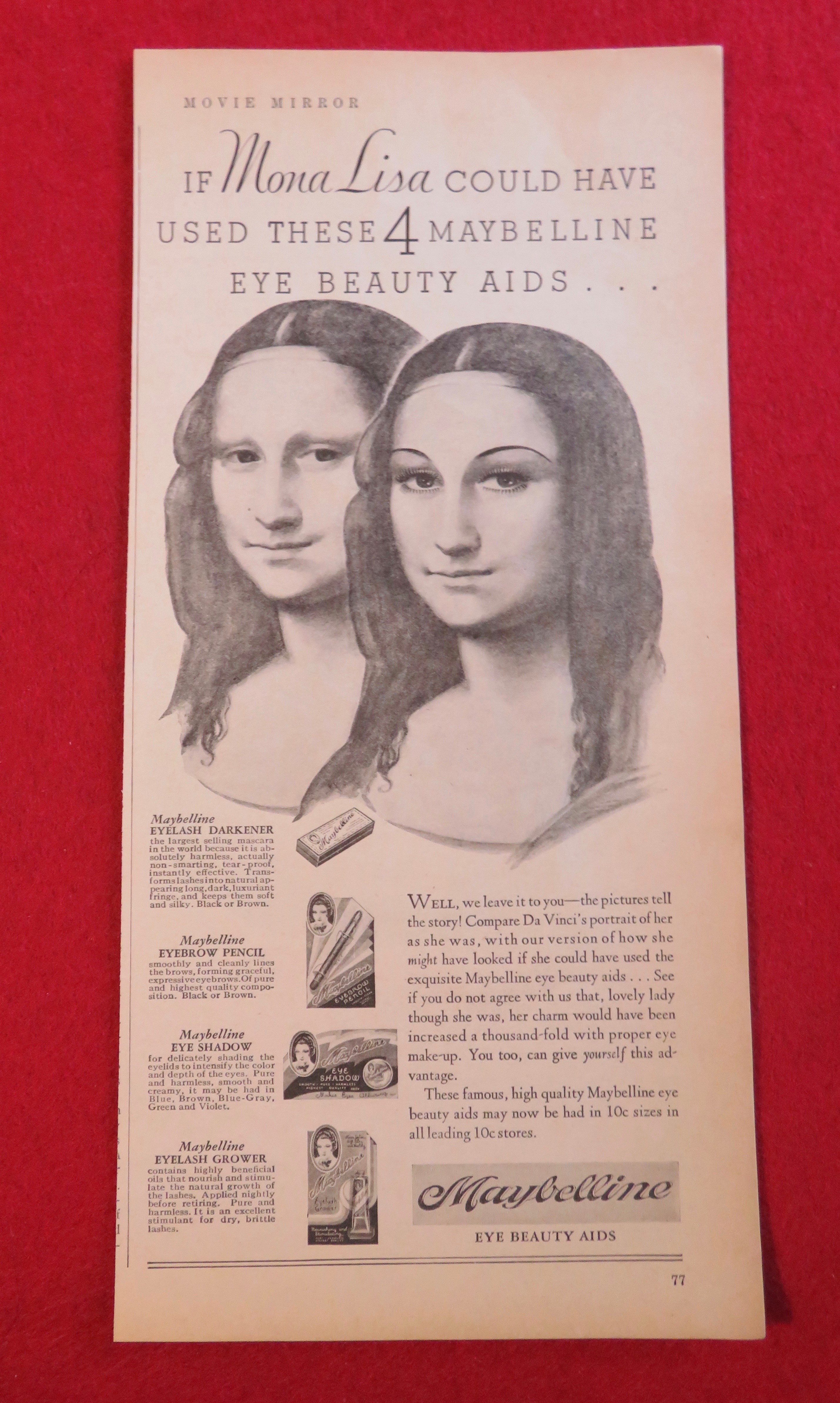 1933 Maybelline Eye Beauty Aids with Mona Lisa