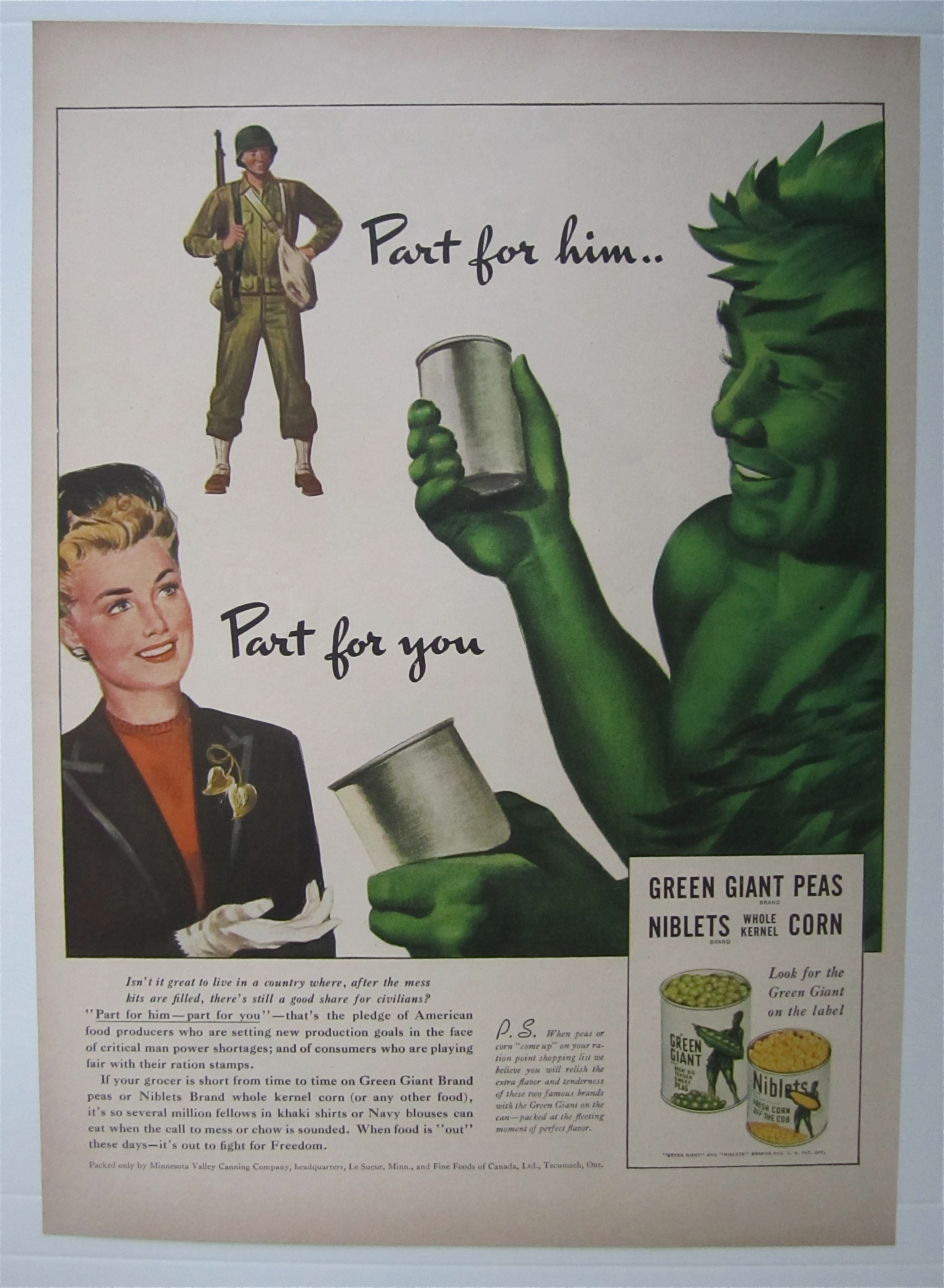 1943 Green Giant Niblets & Peas w/Green Giant & Woman