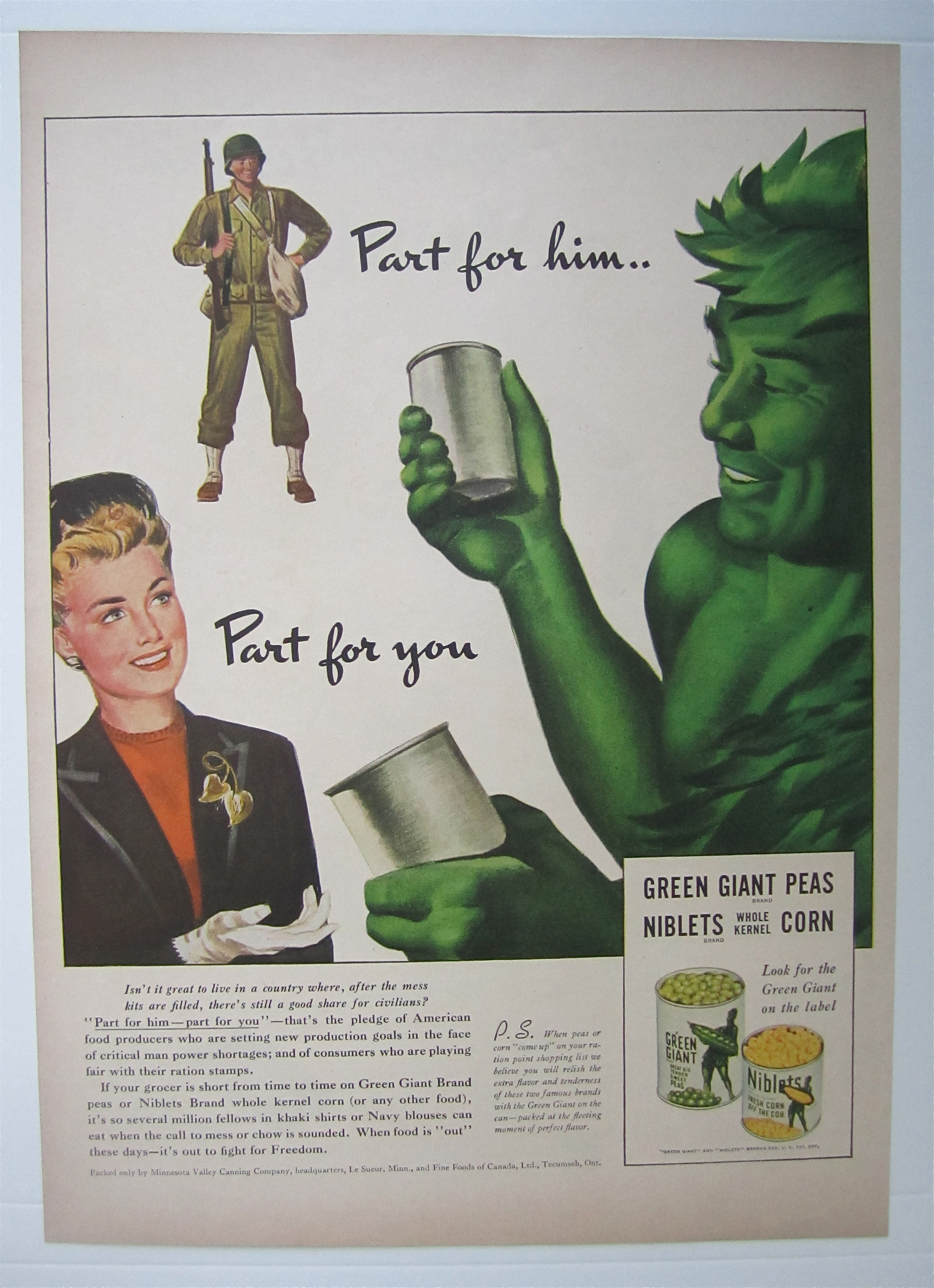 1943 Green Giant Niblets & Peas w/Green Giant & Woman