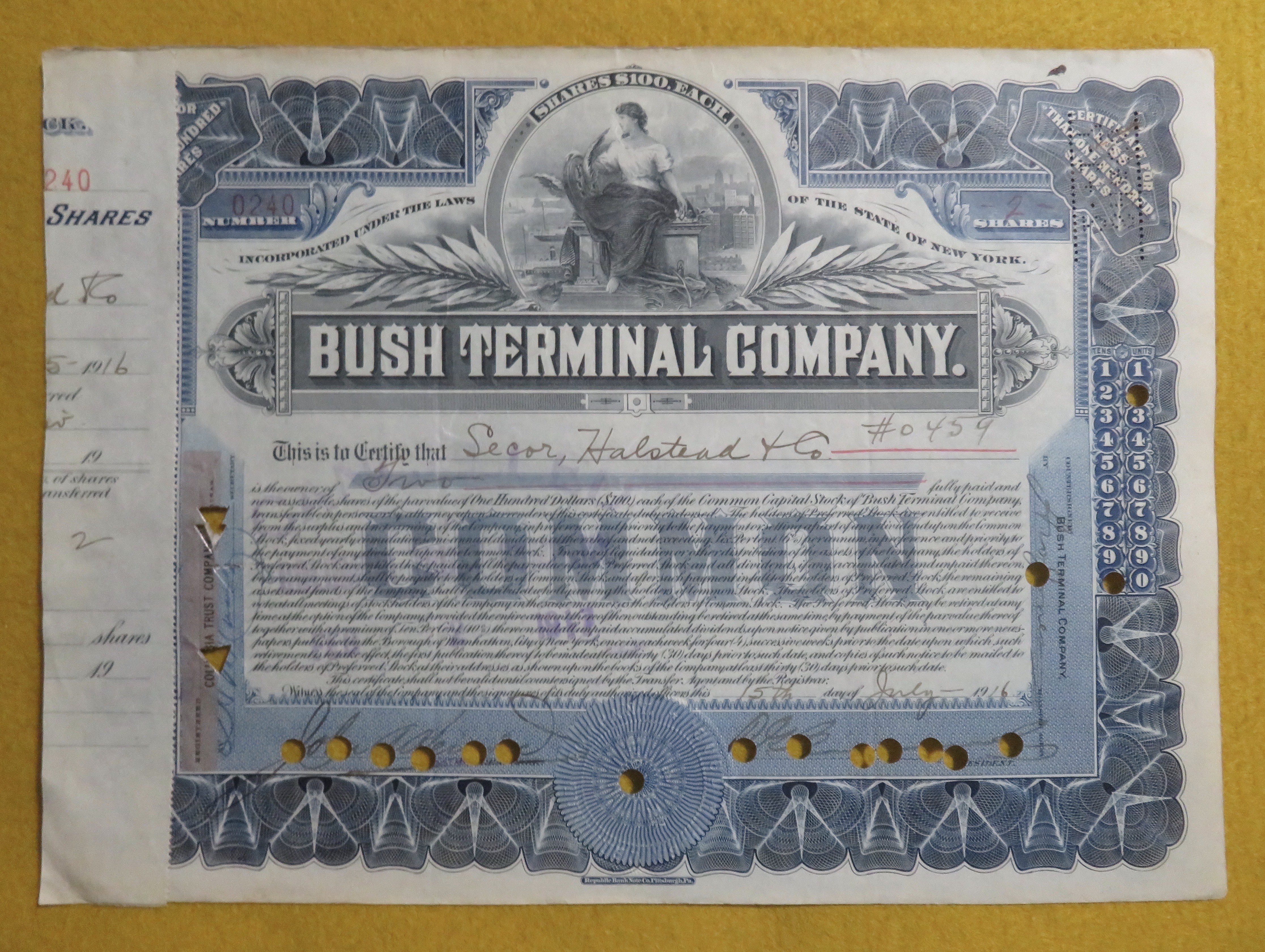 Bush Terminal Company Stock Certificate July 15, 1916
