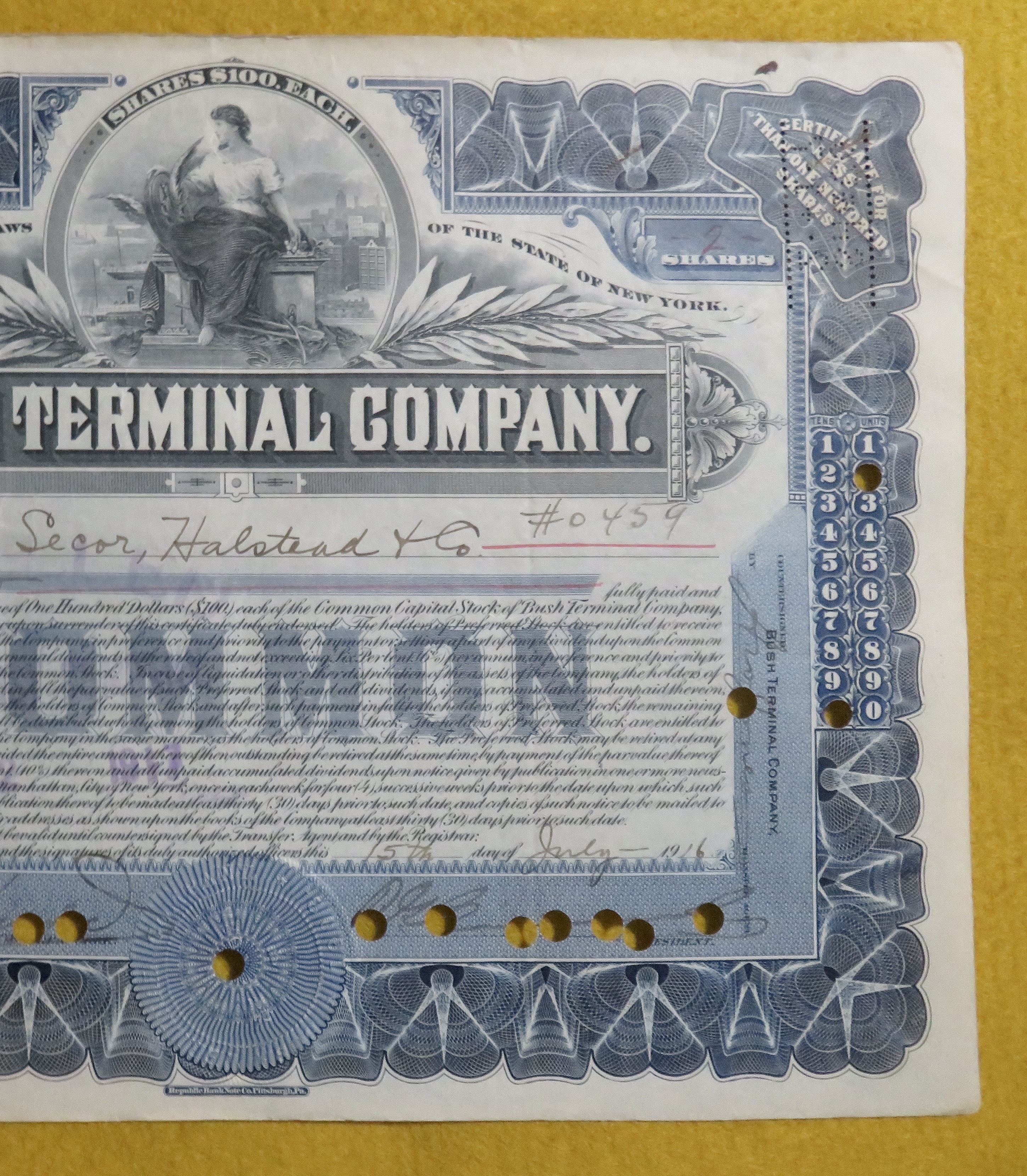 Bush Terminal Company Stock Certificate July 15, 1916