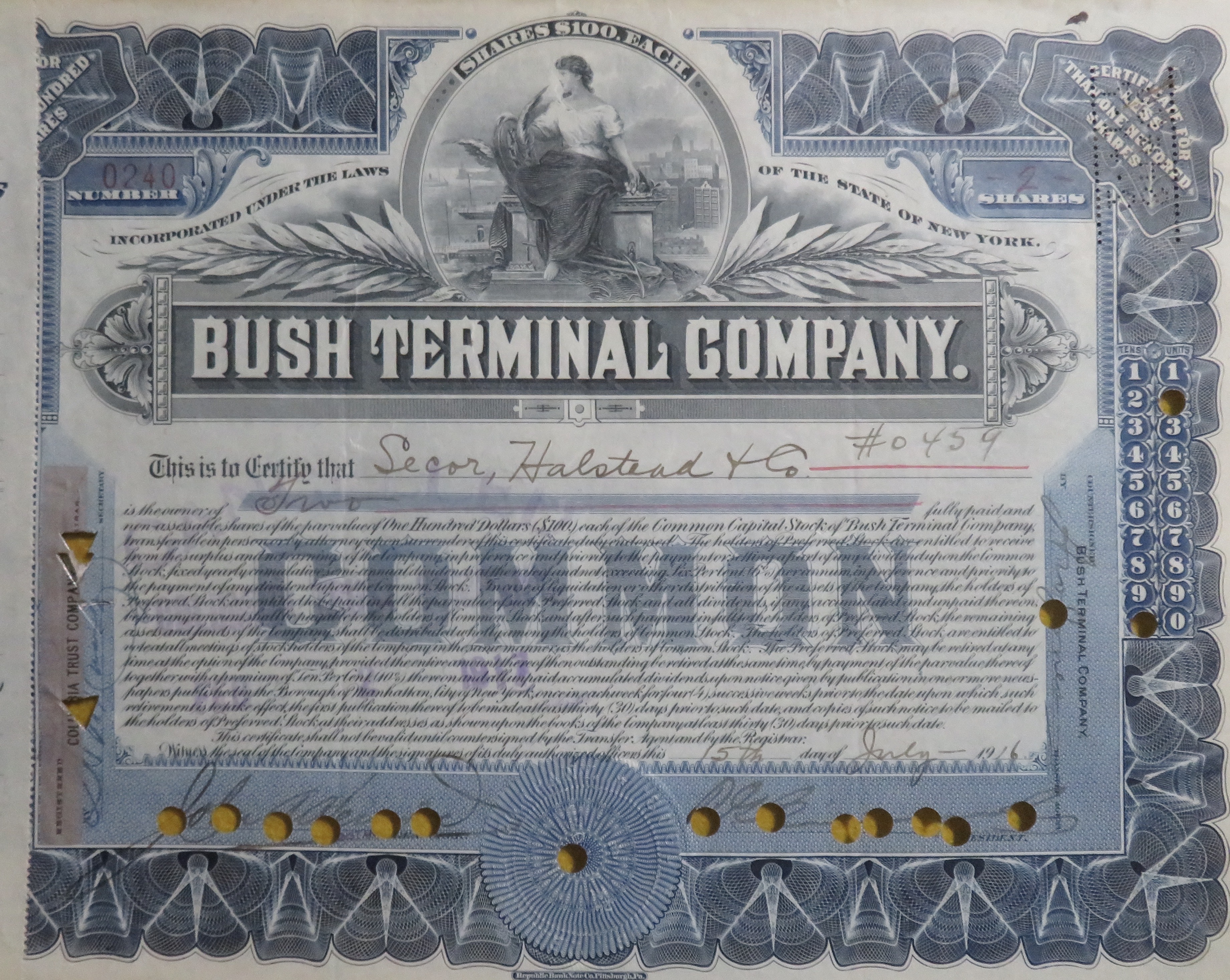 Bush Terminal Company Stock Certificate July 15, 1916
