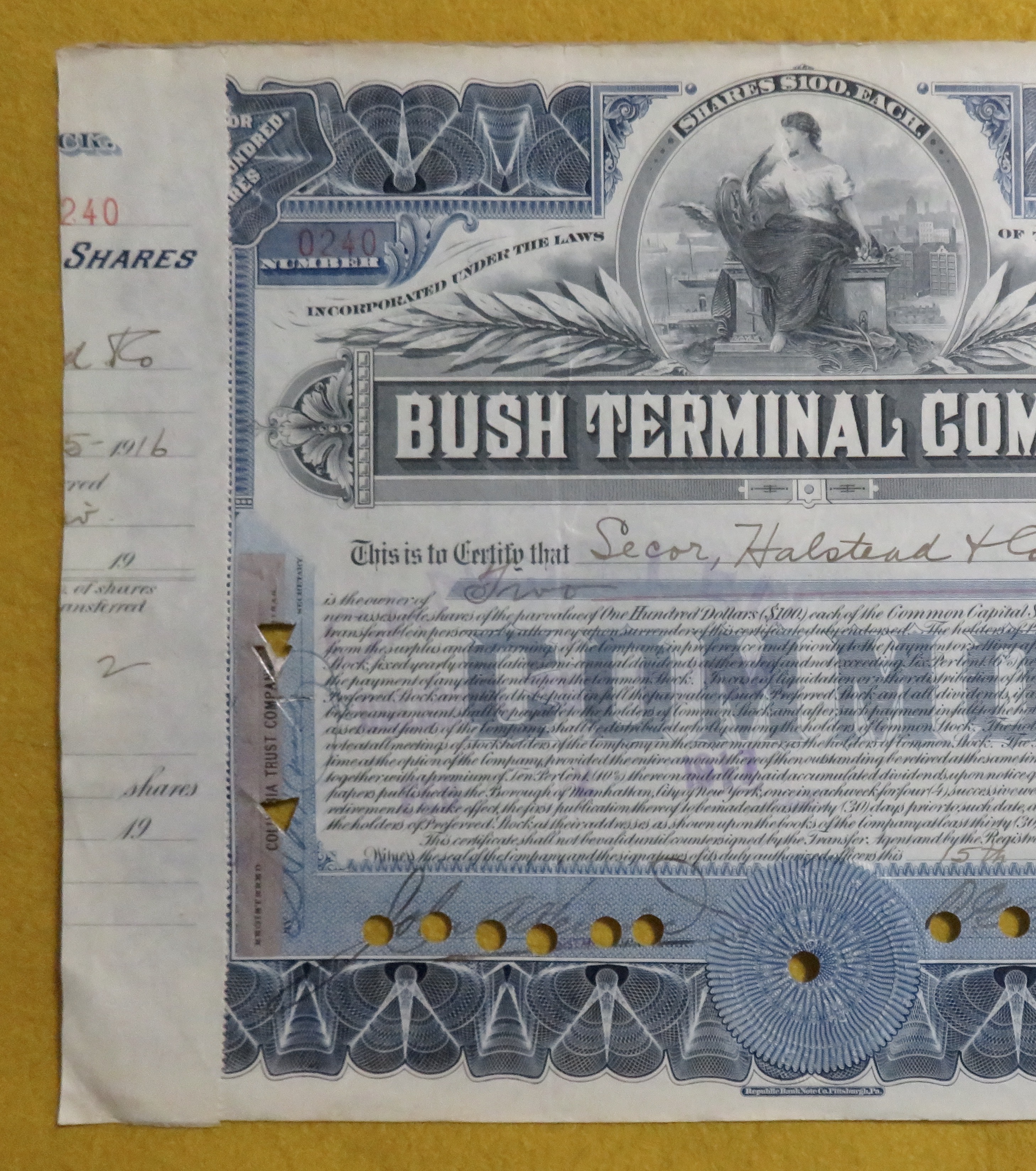 Bush Terminal Company Stock Certificate July 15, 1916