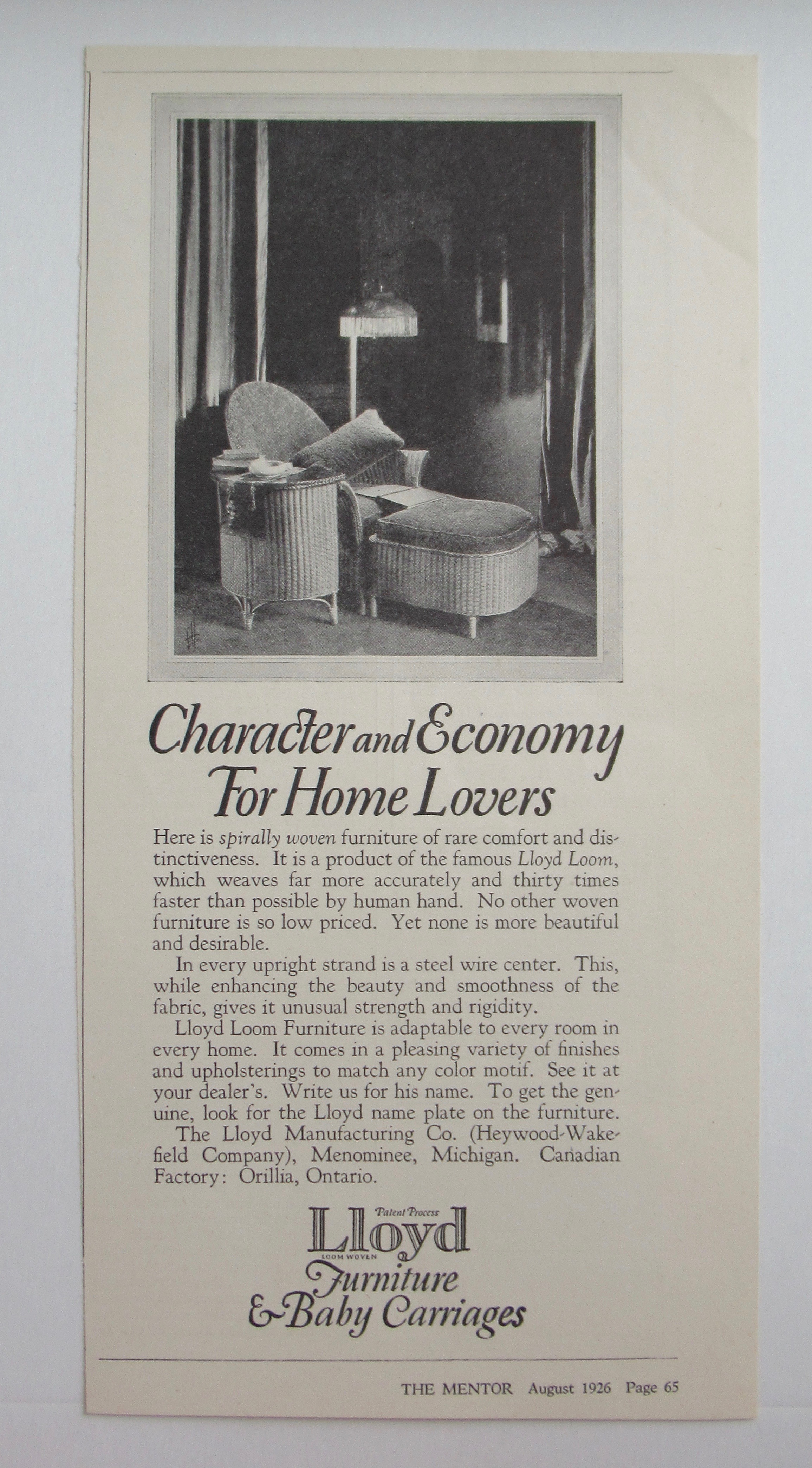 1926 Lloyd Furniture & Baby Carriages w/Chair & Ottoman