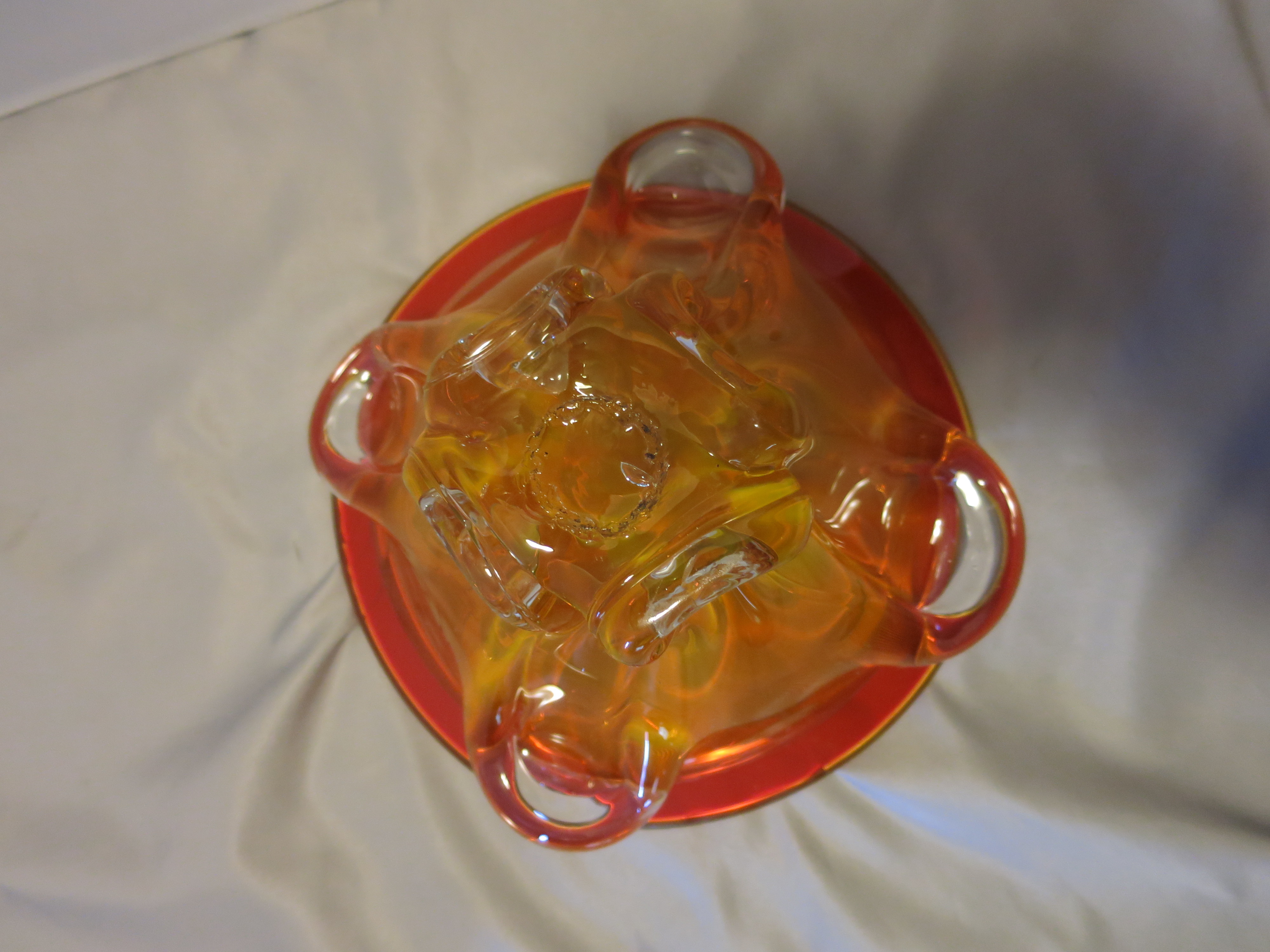 Blinco Blown Art Glass Bowl Orange and Crystal