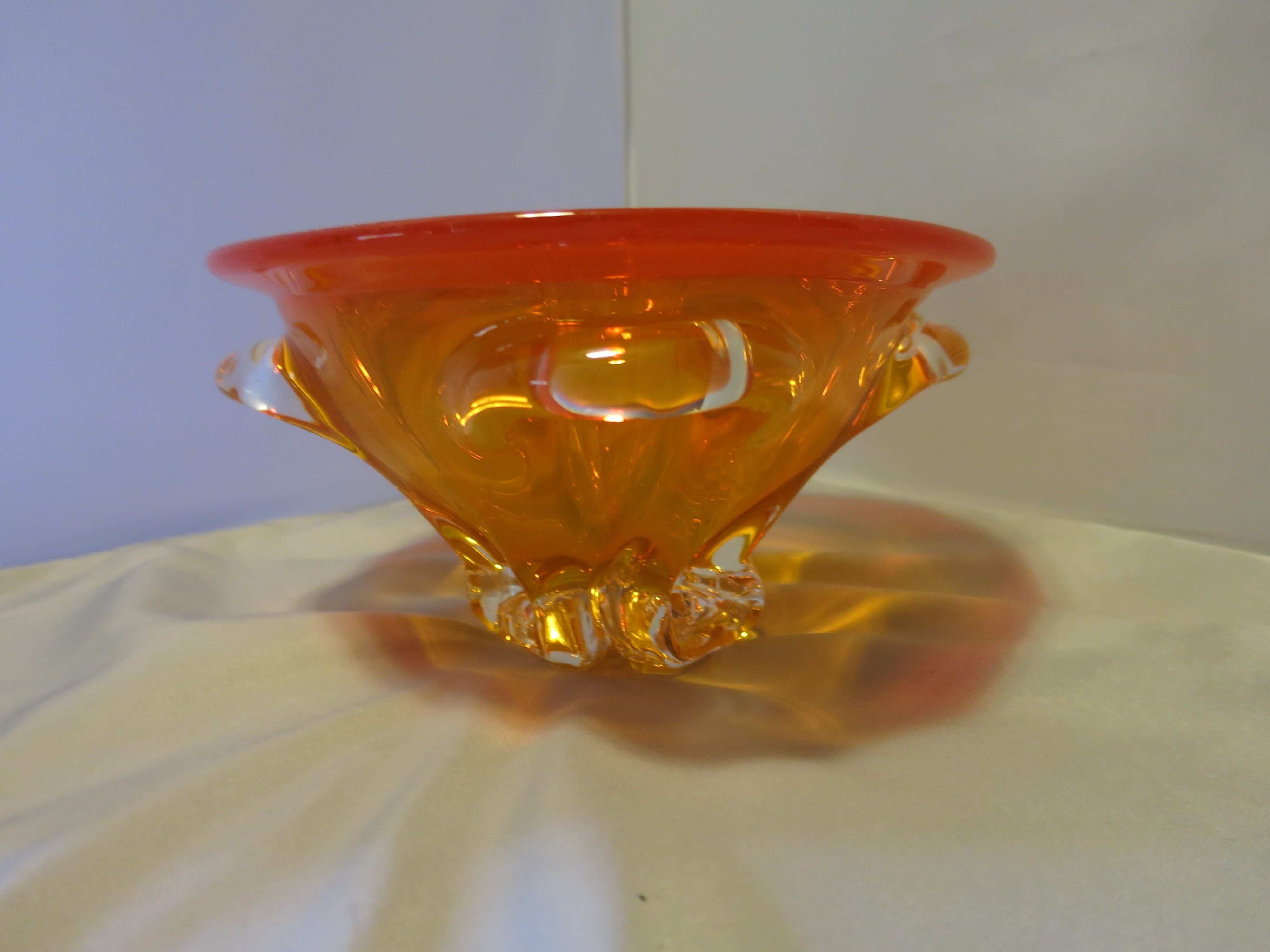 Blinco Blown Art Glass Bowl Orange and Crystal