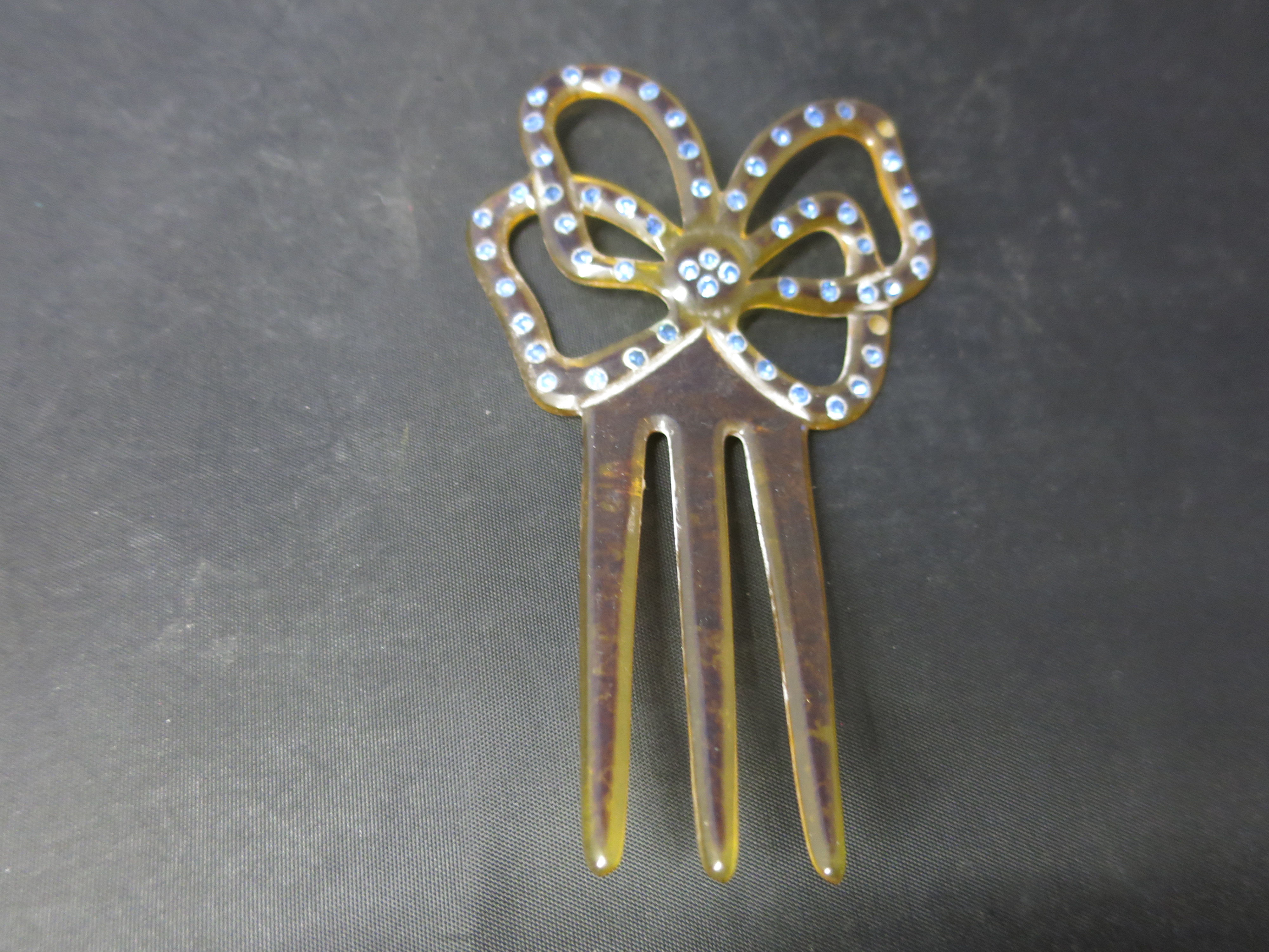 Art Deco Celluloid Hair Comb Bow Motif Blue Stones as is