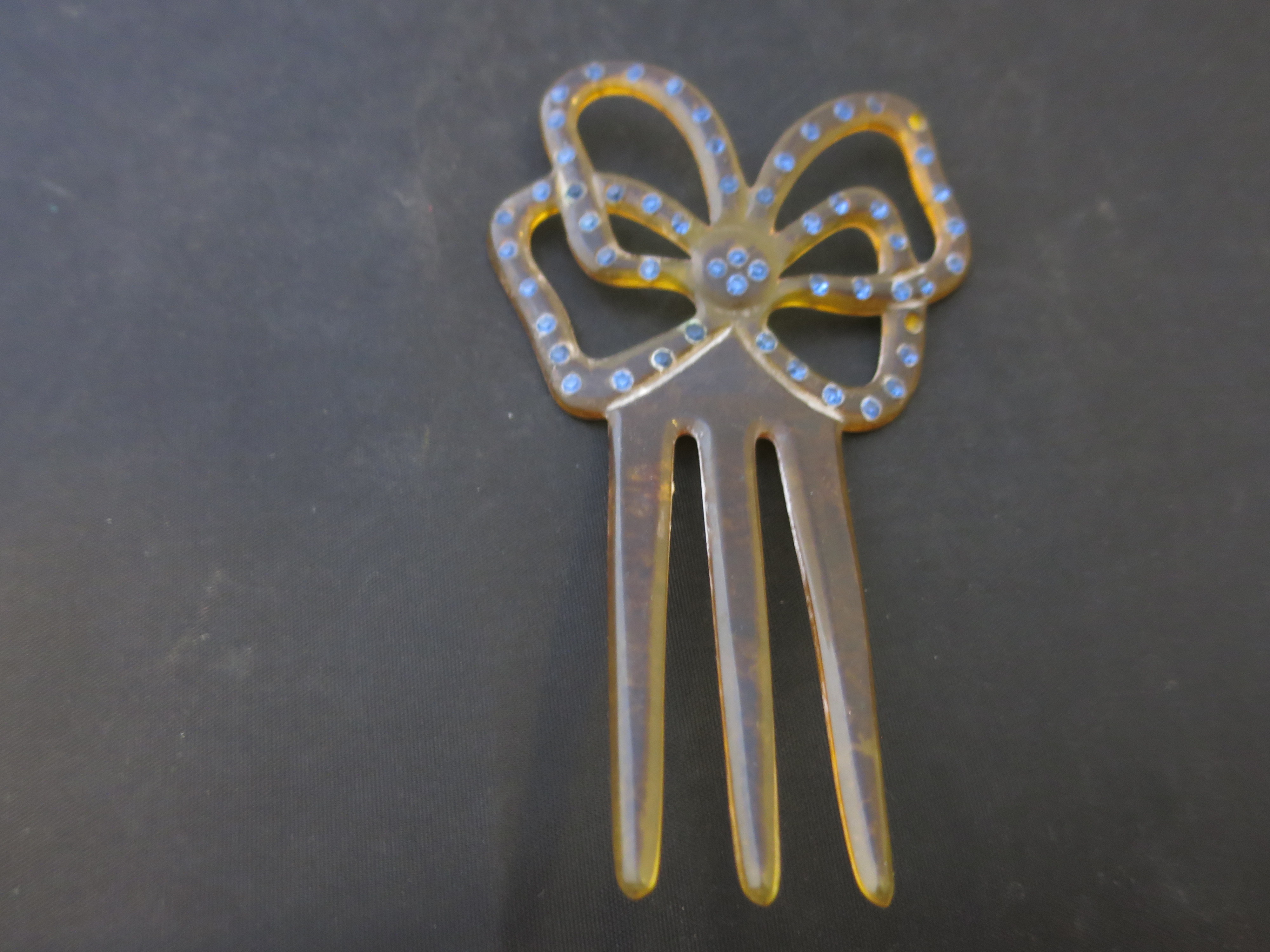 Art Deco Celluloid Hair Comb Bow Motif Blue Stones as is