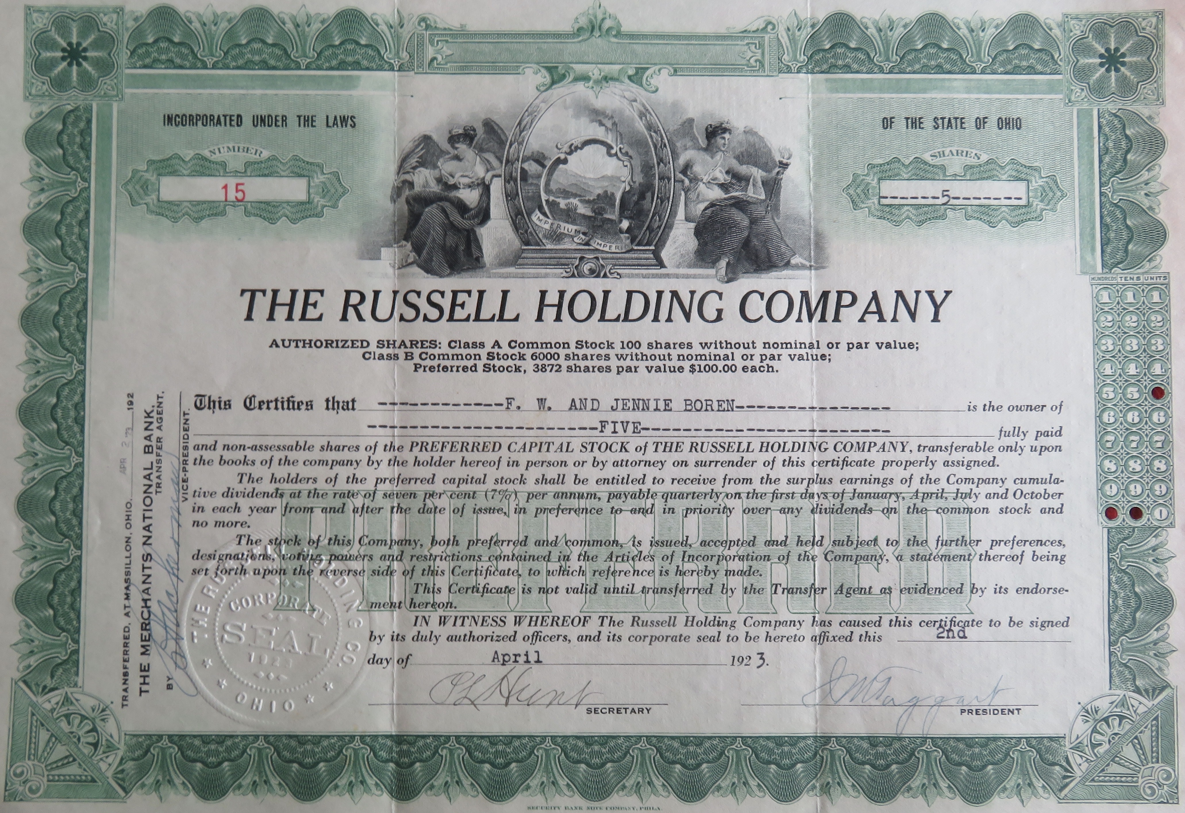 1923 The Russell Holding Company Stock Certificate