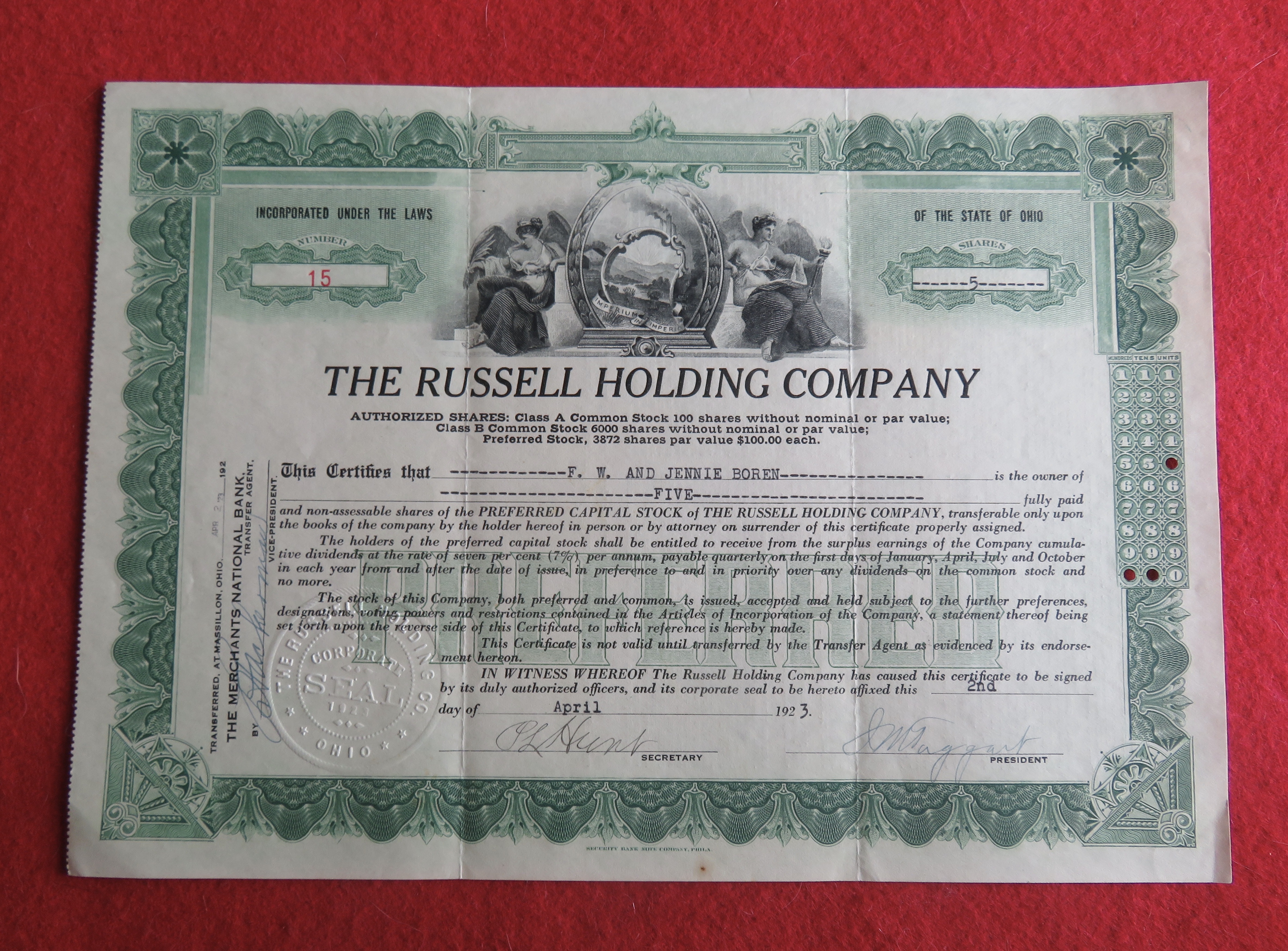 1923 The Russell Holding Company Stock Certificate