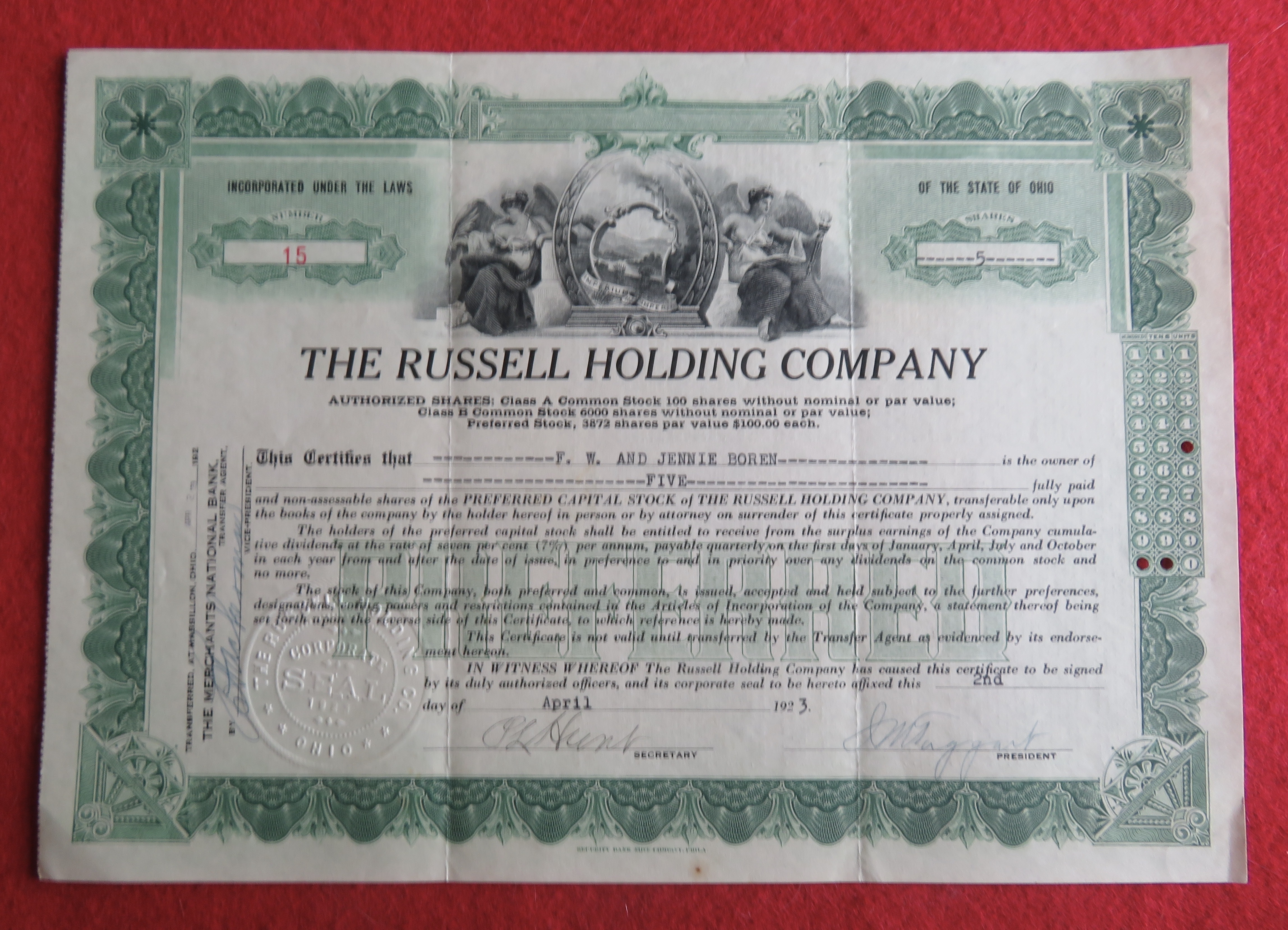 1923 The Russell Holding Company Stock Certificate
