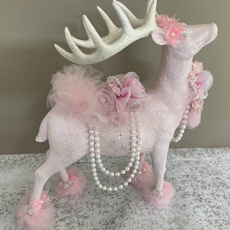11" Blush Pink Glitter Reindeer - Shabby Victorian Christmas Decor Pearls Rhinestone