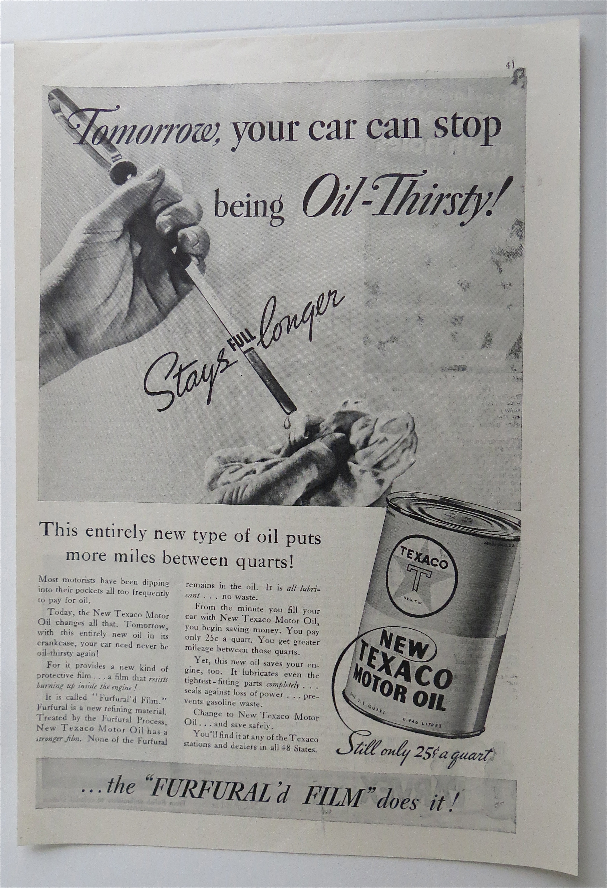 1936 Texaco Motor Oil with Dipstick From A Car