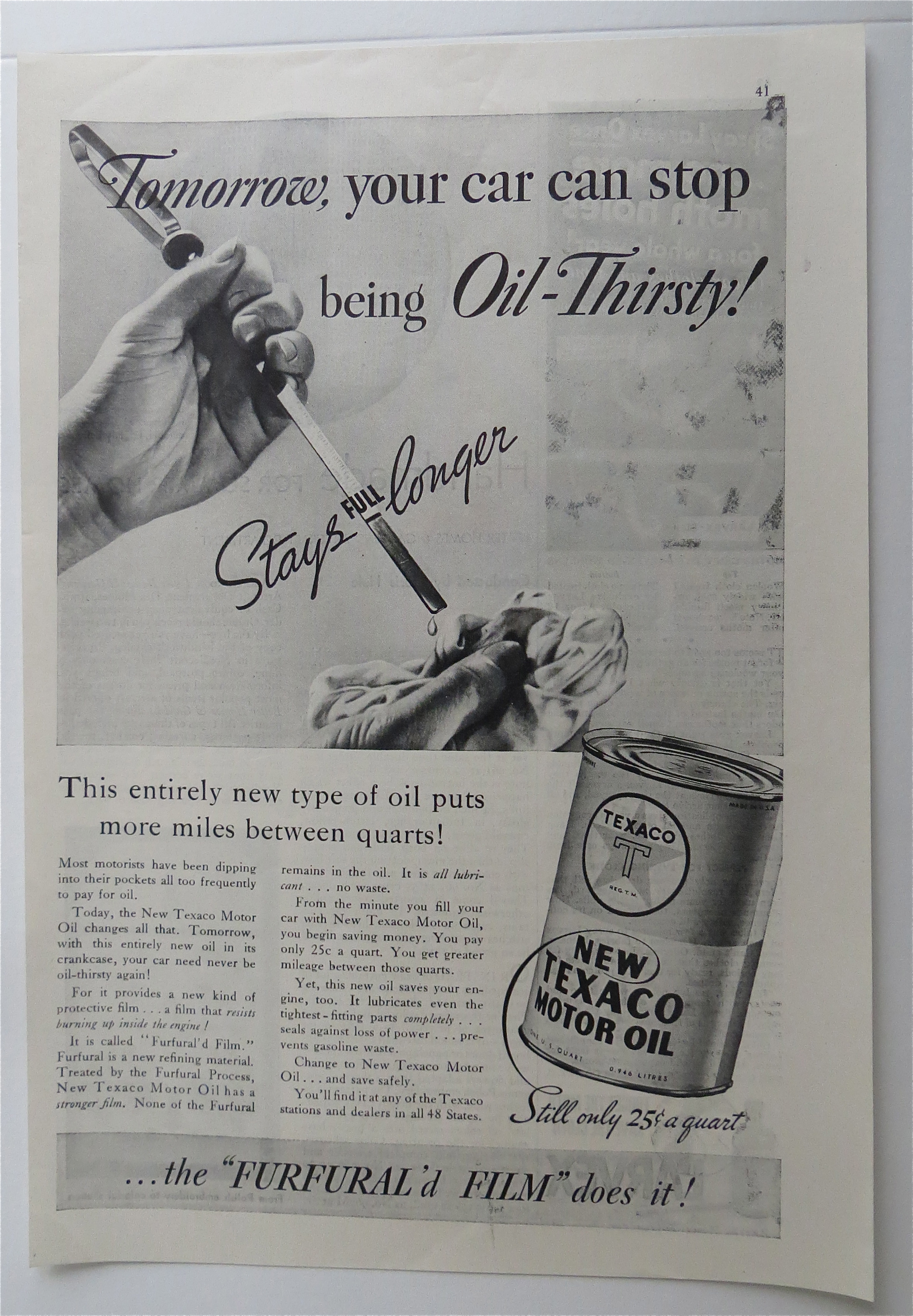 1936 Texaco Motor Oil with Dipstick From A Car