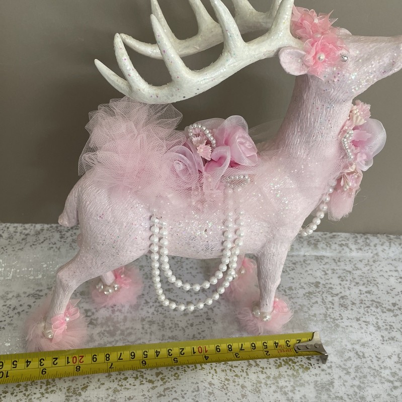 11" Blush Pink Glitter Reindeer - Shabby Victorian Christmas Decor Pearls Rhinestone