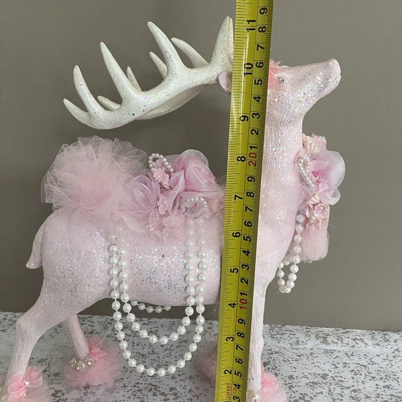 11" Blush Pink Glitter Reindeer - Shabby Victorian Christmas Decor Pearls Rhinestone