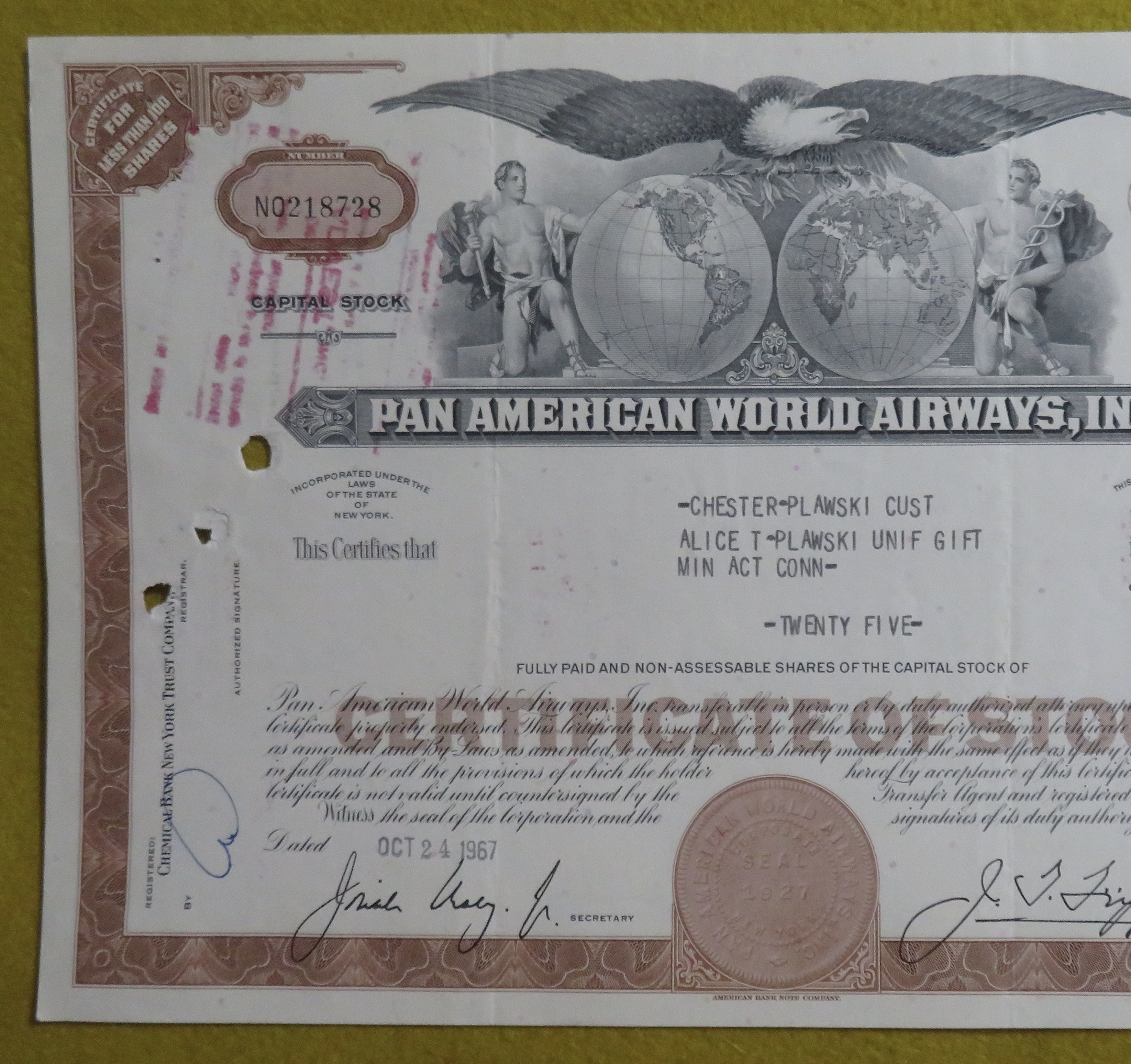 Stock Certificate October 24, 1967 Pan American Airways