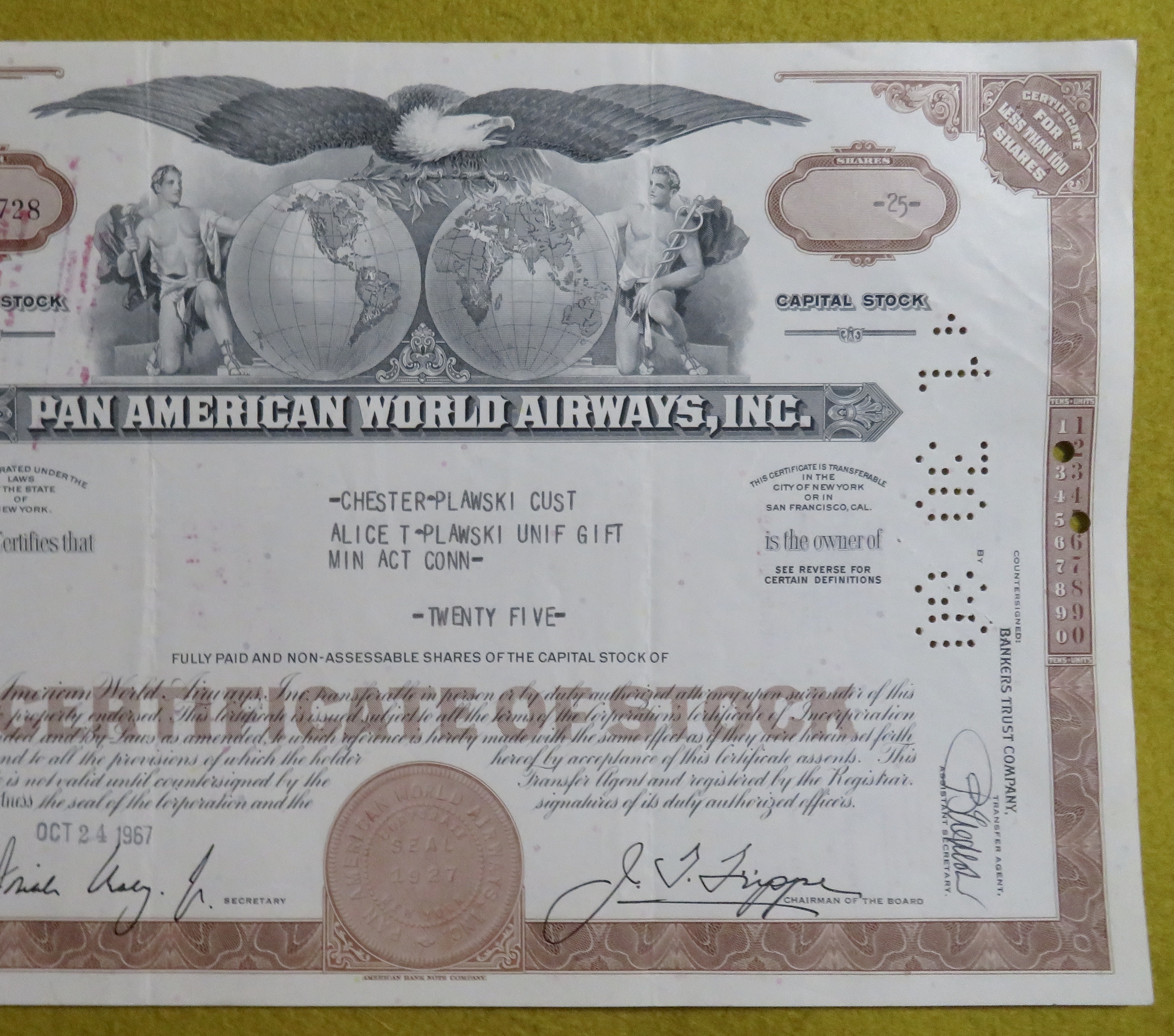 Stock Certificate October 24, 1967 Pan American Airways