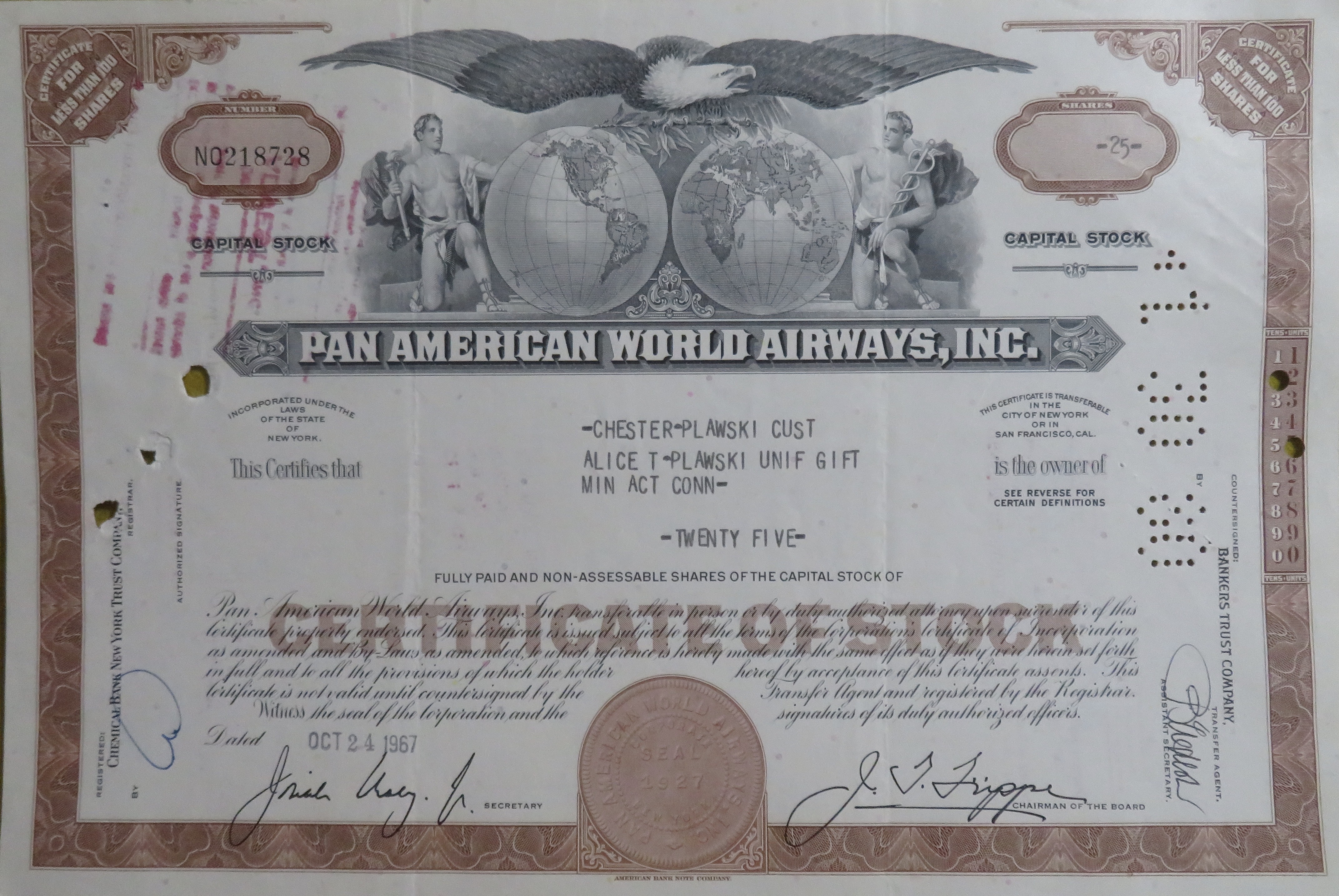 Stock Certificate October 24, 1967 Pan American Airways