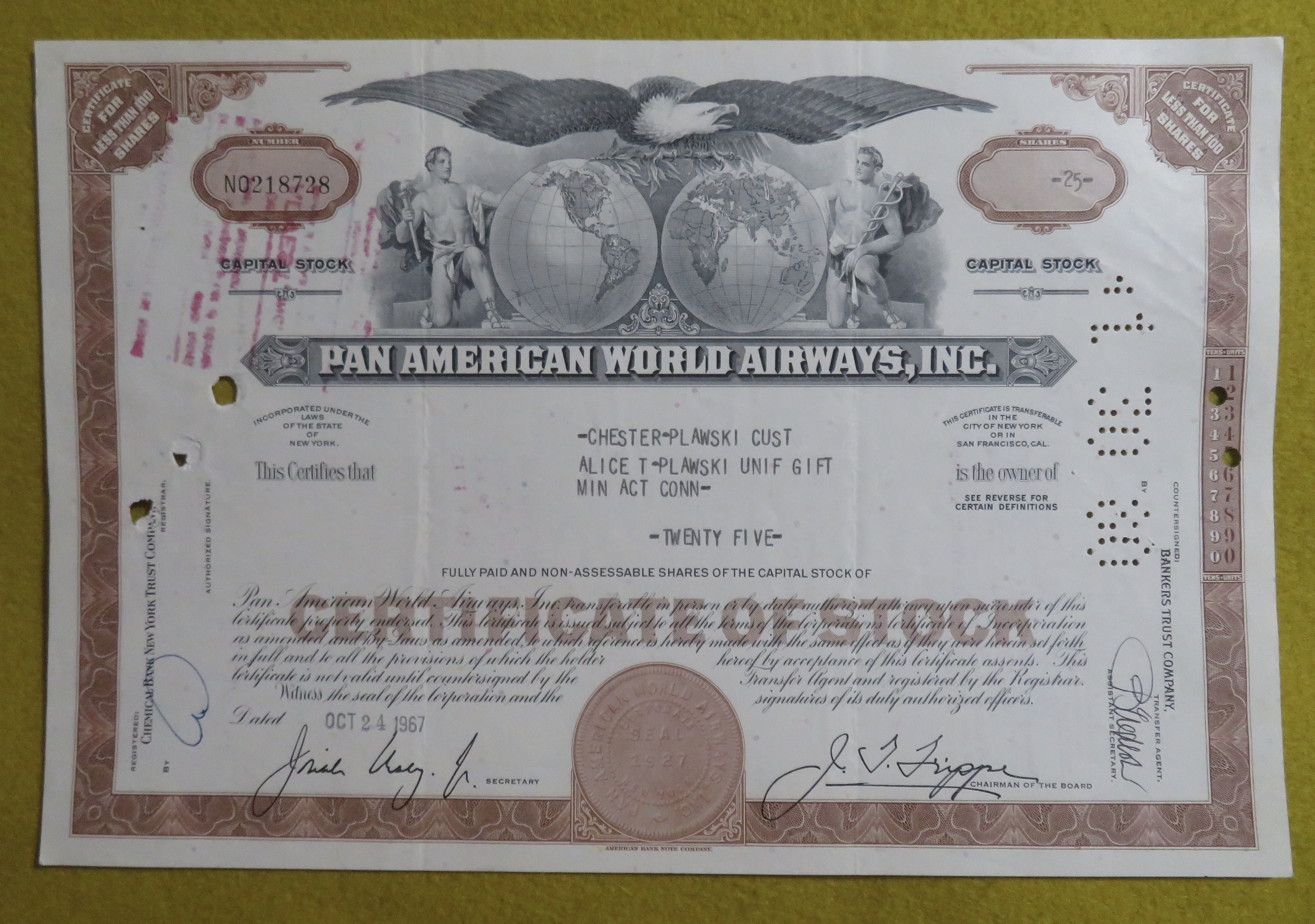 Stock Certificate October 24, 1967 Pan American Airways