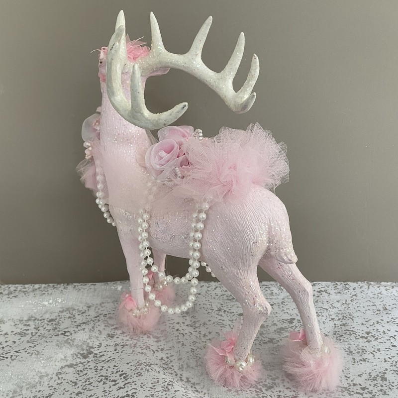 11" Blush Pink Glitter Reindeer - Shabby Victorian Christmas Decor Pearls Rhinestone