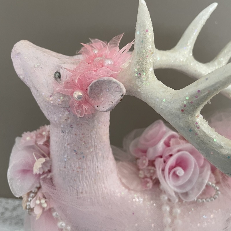 11" Blush Pink Glitter Reindeer - Shabby Victorian Christmas Decor Pearls Rhinestone