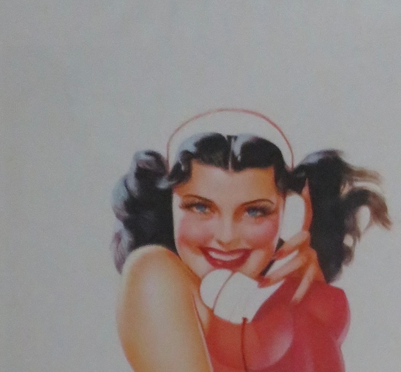 Original 1945 Sexy Pin Up Lovely Dark Haired Girl Wearing A Red Suit While Talking On Telephone By George Petty