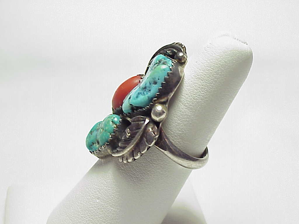 Signed Native American Sterling Slver Turquoise Red Coral Ring