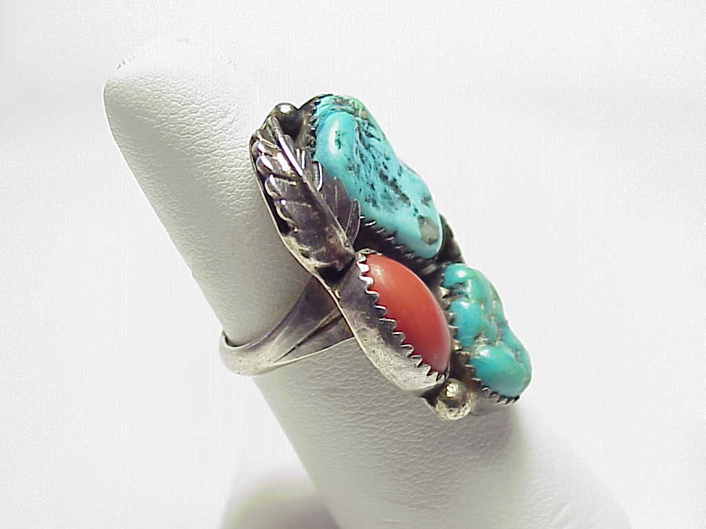 Signed Native American Sterling Slver Turquoise Red Coral Ring