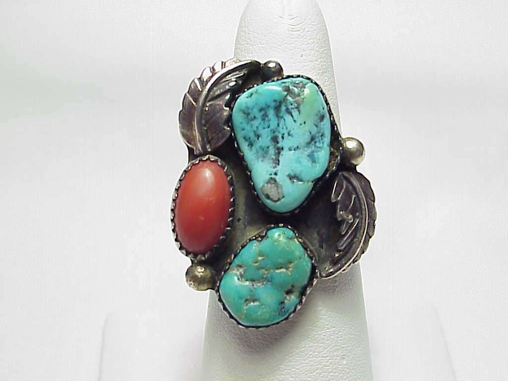 Signed Native American Sterling Slver Turquoise Red Coral Ring